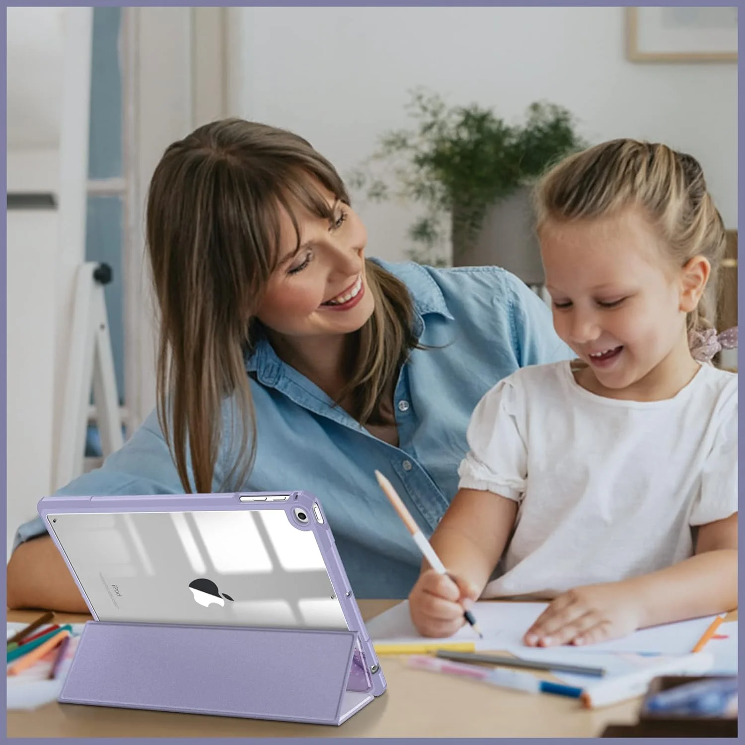 کاور باریک هیبریدی Fintie برای آیپد نسل ششم 2018 / نسل پنجم 2017 / آیپد ایر 2 / آیپد ایر 1 (9.7 اینچ) - [دارای جای مداد داخلی] کاور ضد ضربه با پشت شفاف، طرح سنگ مرمر یاسی