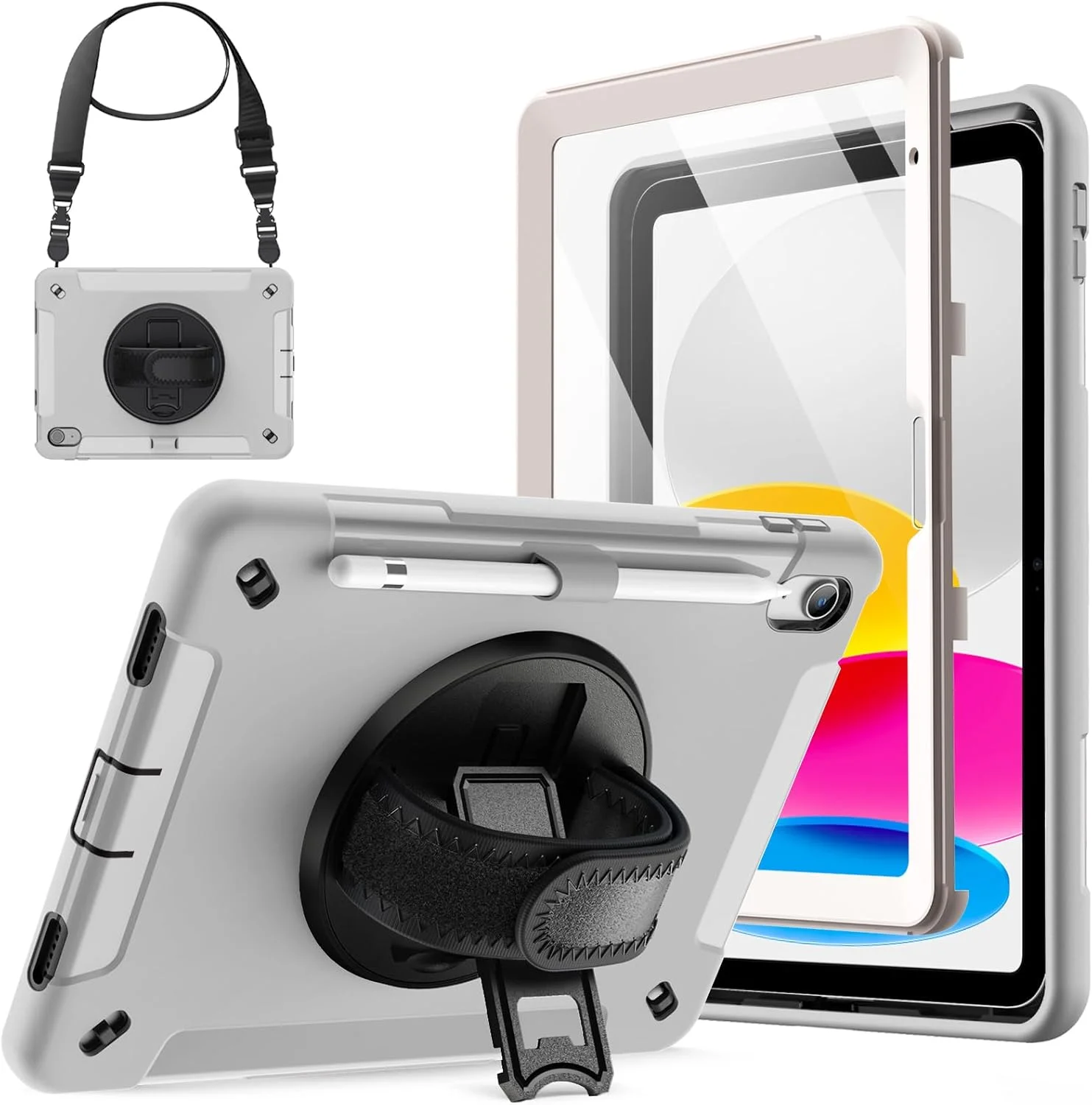 کاور محافظ تبلت آیپد JETech (A16) نسل 11/10 (2025/2022) با محافظ صفحه نمایش داخلی، ضد ضربه و مقاوم، دارای استند و بند چرخشی 360 درجه (خاکستری روشن)