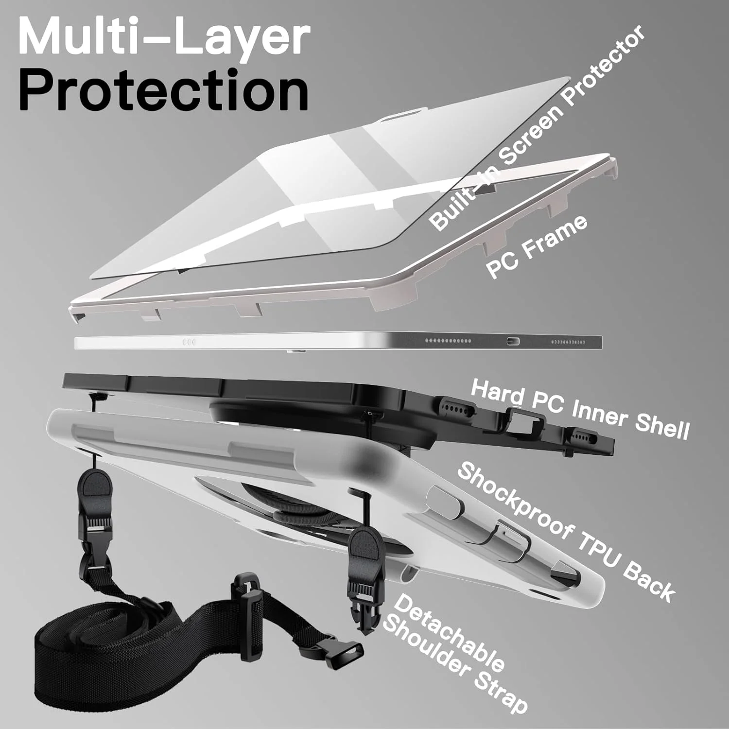 کاور محافظ تبلت آیپد JETech (A16) نسل 11/10 (2025/2022) با محافظ صفحه نمایش داخلی، ضد ضربه و مقاوم، دارای استند و بند چرخشی 360 درجه (خاکستری روشن)
