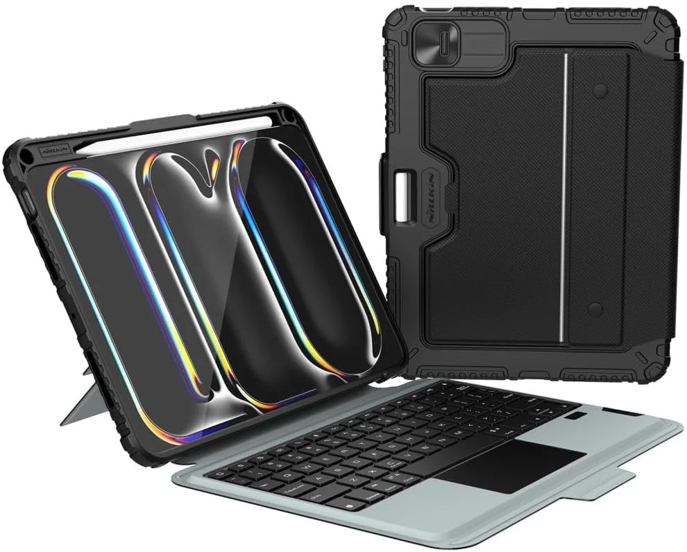 کیبورد و کاور محافظ Nillkin Bumper Combo با نور پس زمینه، طراحی شده برای Apple iPad Pro 11 2024، دارای جای قلم، کاور ضد ضربه، استند و کیبورد جداشدنی - مشکی