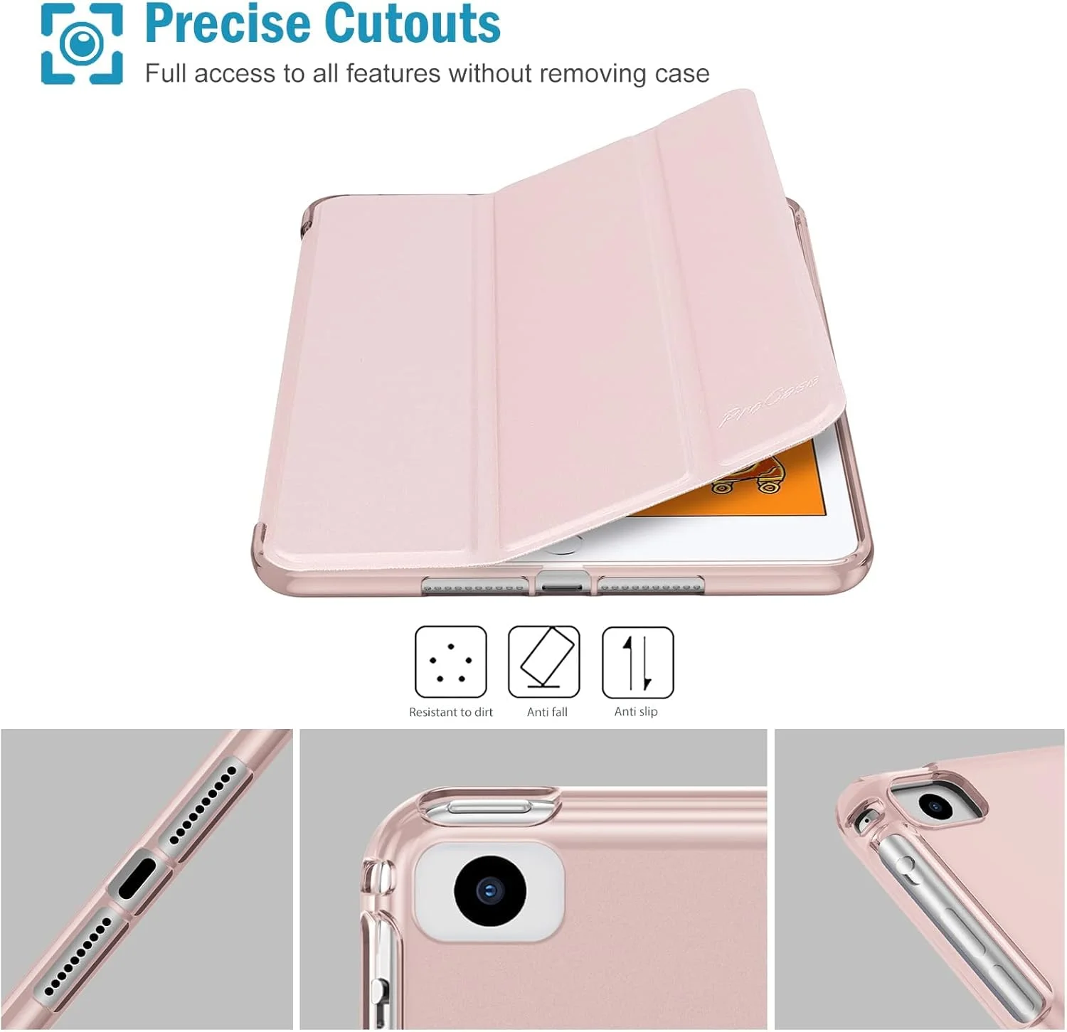 کاور آیپد مینی پروکیس برای آیپد مینی 5 مدل 2019/ 4, 1 2 3 با پوشش پشتی TPU نرم، محافظ باریک، سبک وزن، سه تایی هوشمند و پایه محافظ ثابت 5/4/3/2/1 - صورتی