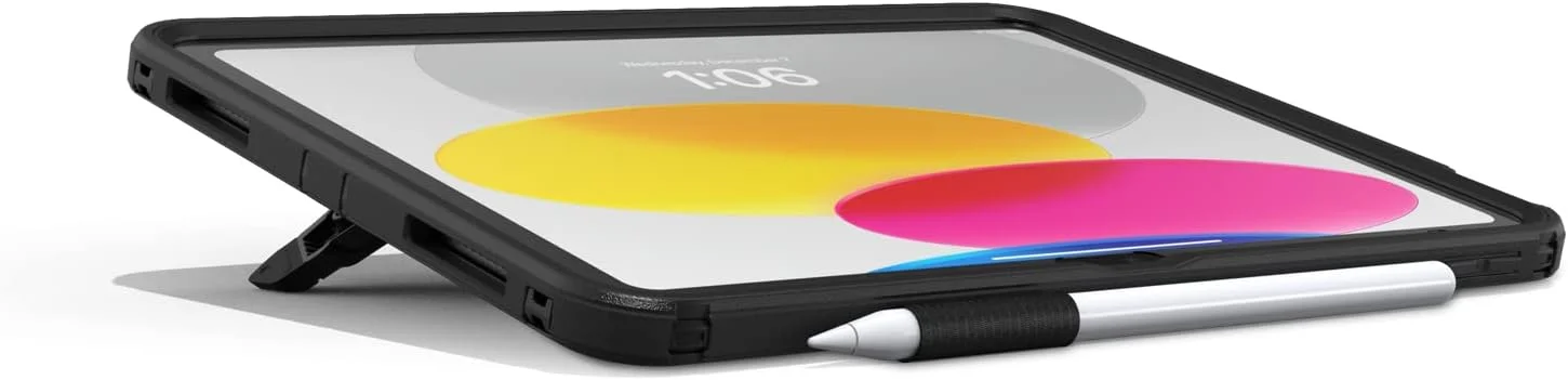 محافظ تبلت OtterBox Defender با پایه برای آیپد نسل دهم 2022 و نسل یازدهم 2025 (A16)، قاب محافظ با محافظ صفحه نمایش داخلی، تست شده 2 برابر استاندارد نظامی، مشکی، بدون بسته بندی خرده فروشی