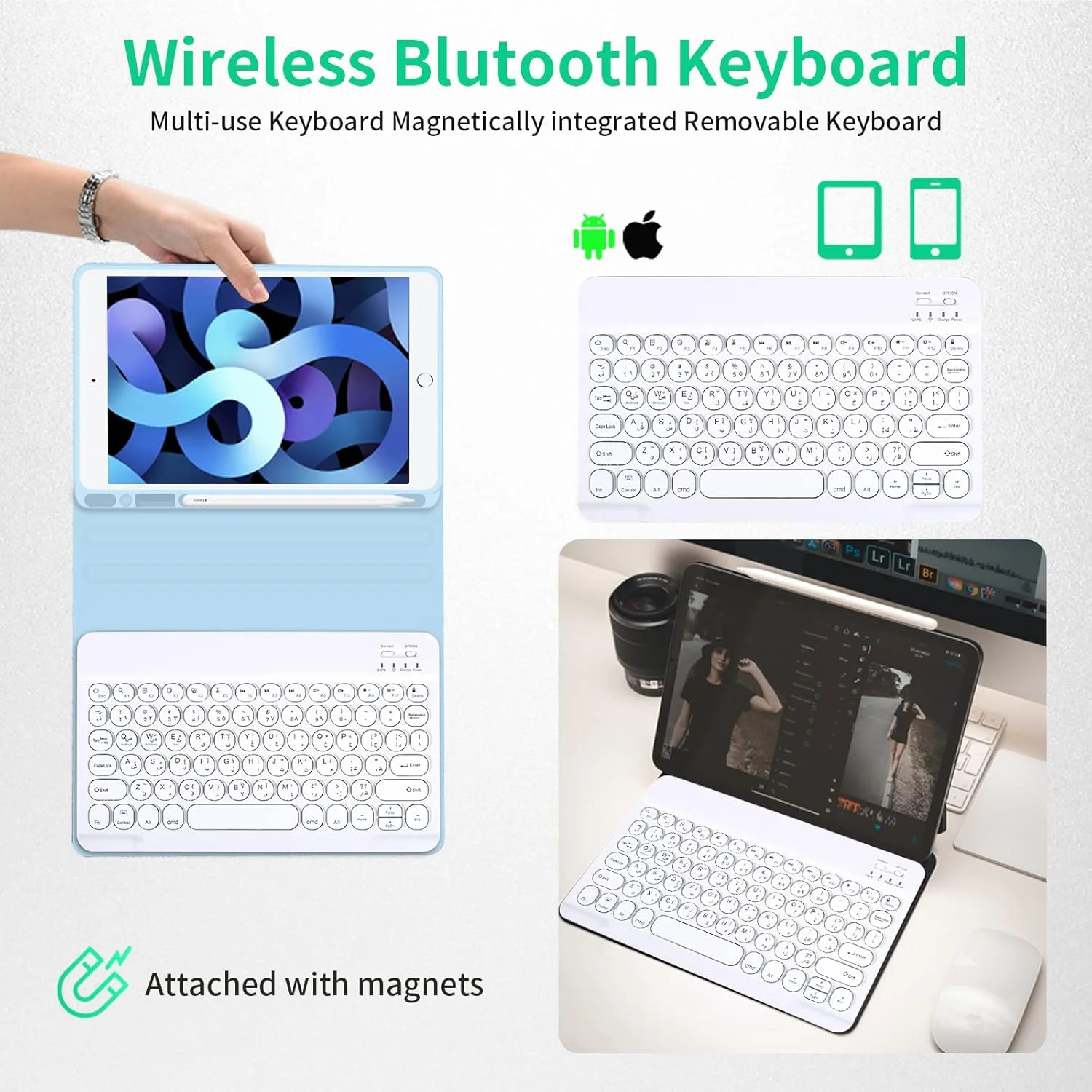 کیبورد EURCRBU آیپد با کیبورد بلوتوث عربی انگلیسی و ماوس بی سیم برای آیپد نسل 9/8/7، آیپد 10.2 اینچی، آیپد پرو 10.5 اینچی/آیپد ایر نسل 3 10.5، کاور کیبورد آیپد (آبی روشن) کیبورد EURCRBU آیپد با کیبورد بلوتوث عربی انگلیسی و ماوس بی سیم برای آیپد نسل 9/8/7، آیپد 10.2 اینچی، آیپد پرو 10.5 اینچی/آیپد ایر نسل 3 10.5، کاور کیبورد آیپد (آبی روشن)