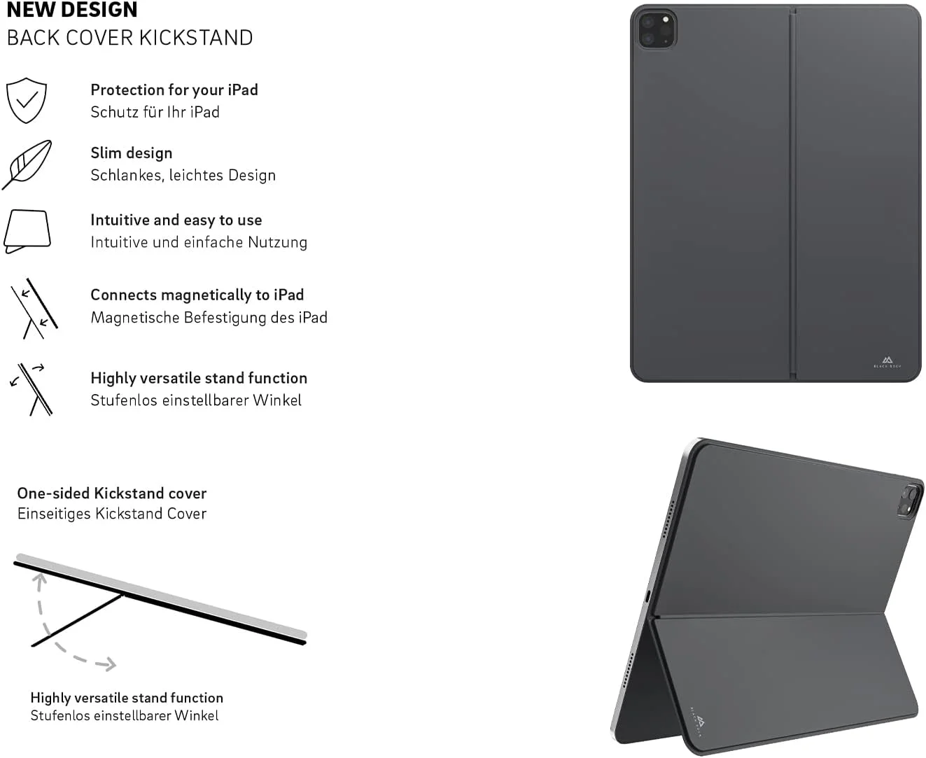 کاور آیپد Black Rock با پایه نگهدارنده | مناسب برای Apple iPad Pro نسل ششم 2020/2021/2022 سایز 12.9 اینچ | کاور هوشمند | کاور محافظ مغناطیسی تبلت | مشکی