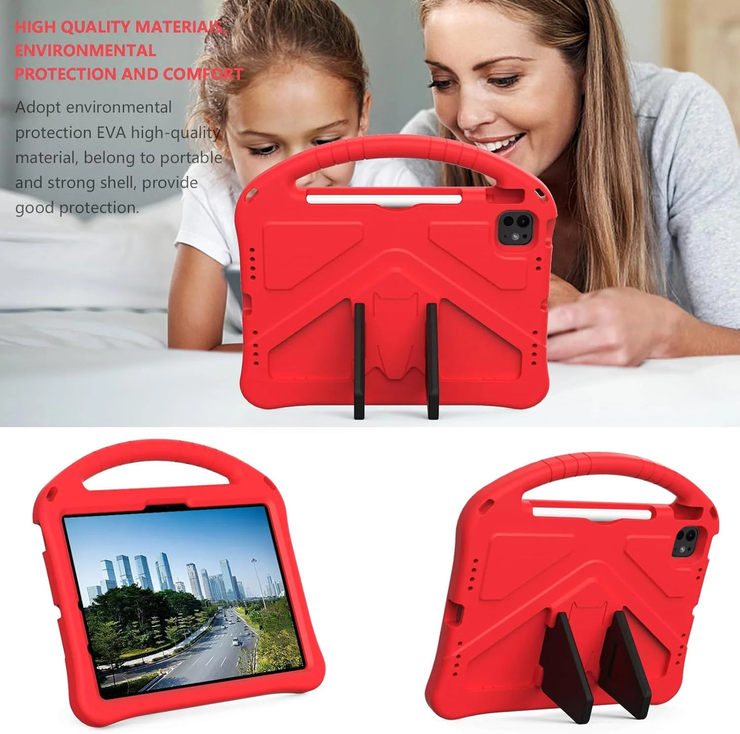کیف محافظ کودکانه UUcovers مناسب برای آیپد ایر 11 اینچ M3 2025/ M2 2024، کاور باریک استند دار با جای قلم/دسته، فوم EVA نرم و سبک وزن مقاوم در برابر ضربه، کاور محافظ تبلت برای آیپد ایر 11 اینچ، قرمز