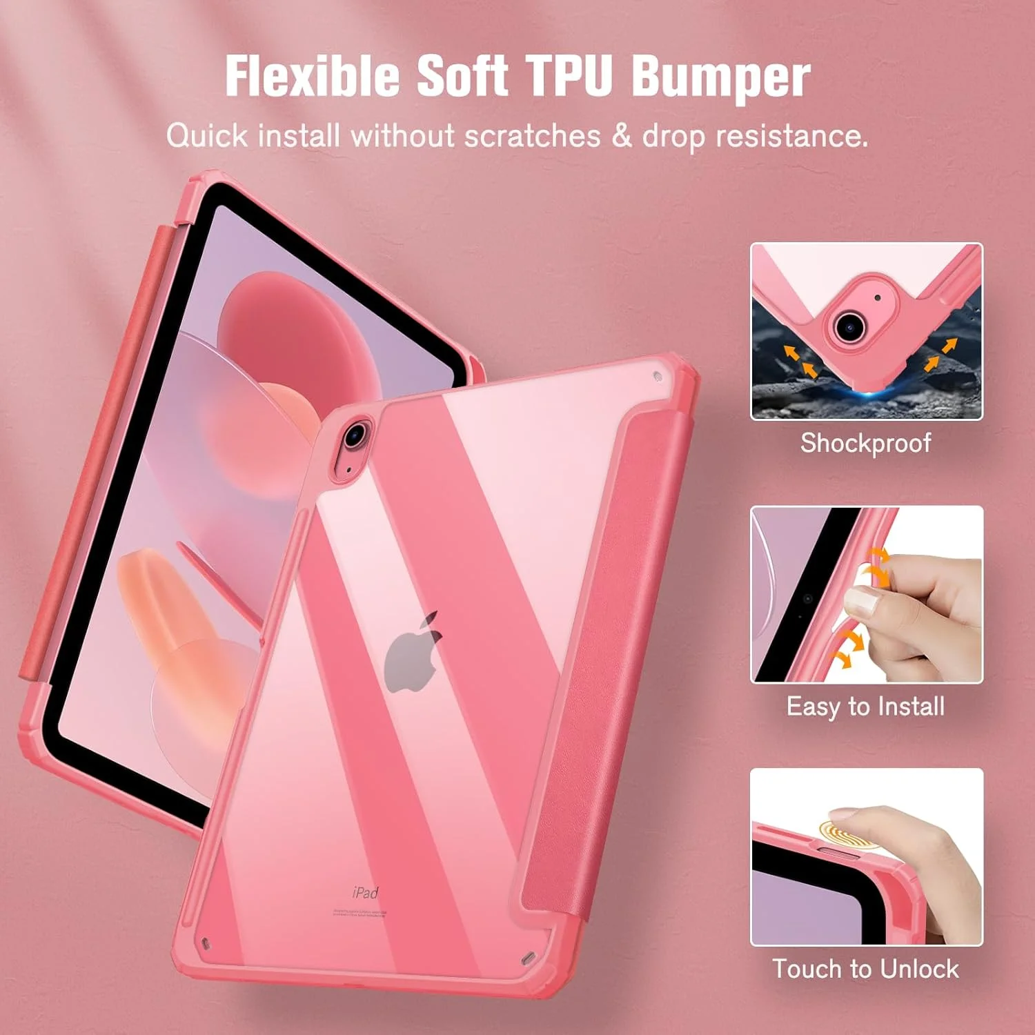 کیف باریک ترکیبی FINTIE برای آیپد نسل 10 تبلت 10.9 اینچی (مدل 2022) - [دارای جای مداد داخلی] پوشش ضد ضربه با قاب پشتی شفاف، بیدار/خواب خودکار، طرح دفترچه صورتی