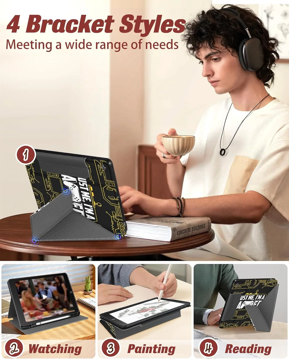 کیف تبلت Miss Adola مناسب برای آیپد نسل 9/8/7 با صفحه نمایش 10.2 اینچی، دارای جای قلم، طرح های کارتونی بامزه، انیمه، جالب و خنده دار، محافظ تبلت ایستاده مناسب برای آیپد 7/8/9 اپل، طرح گیمر