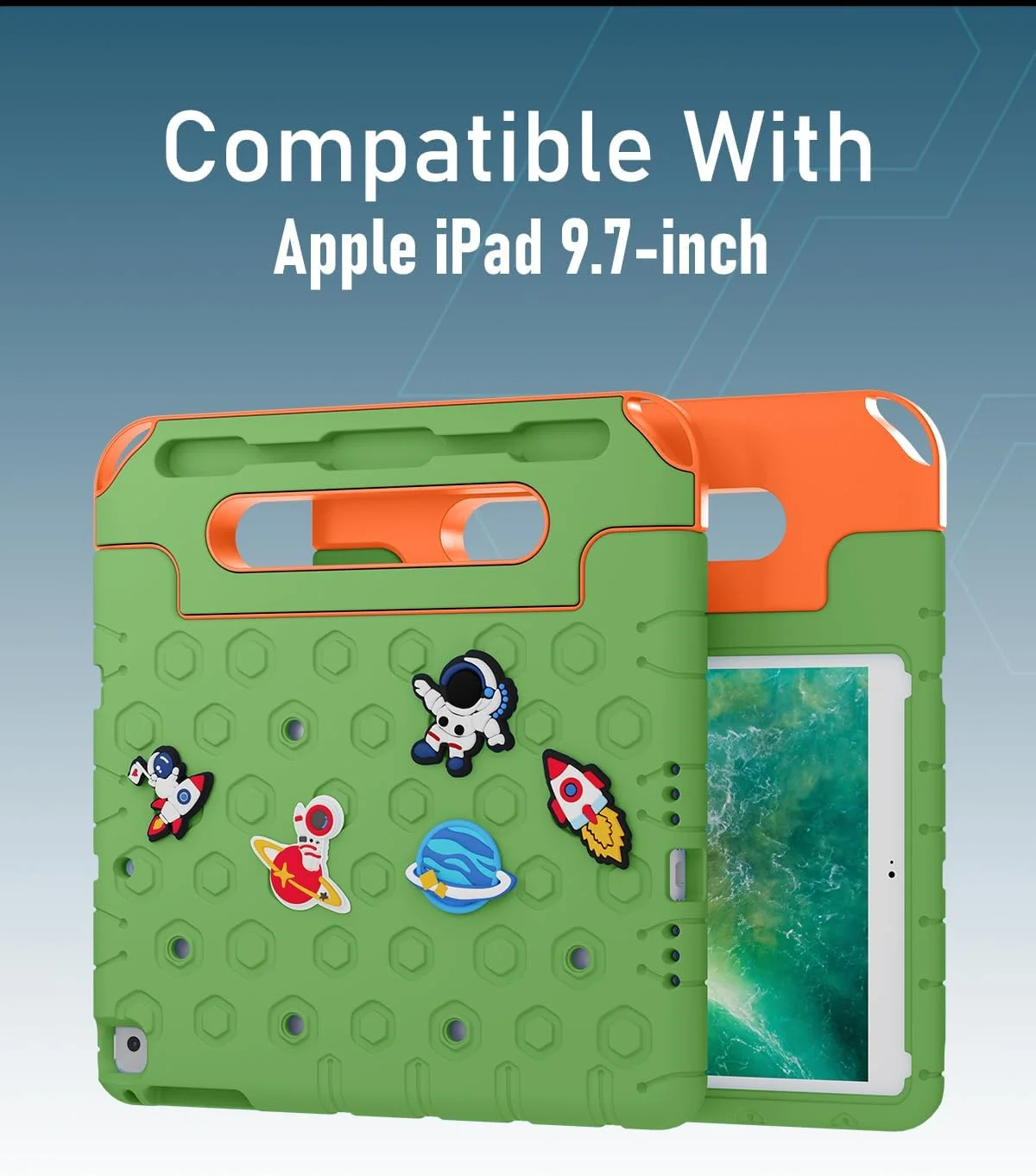 کاور محافظ کودکانه و مقاوم Moxedo از جنس EVA سیلیکونی، ضد ضربه با طرح کارتونی سه بعدی و جای مدادی، پایه و دسته سازگار با آیپد 9.7 اینچی اپل (سبز) کاور محافظ کودکانه و مقاوم Moxedo از جنس EVA سیلیکونی، ضد ضربه با طرح کارتونی سه بعدی و جای مدادی، پایه و دسته سازگار با آیپد 9.7 اینچی اپل (سبز)