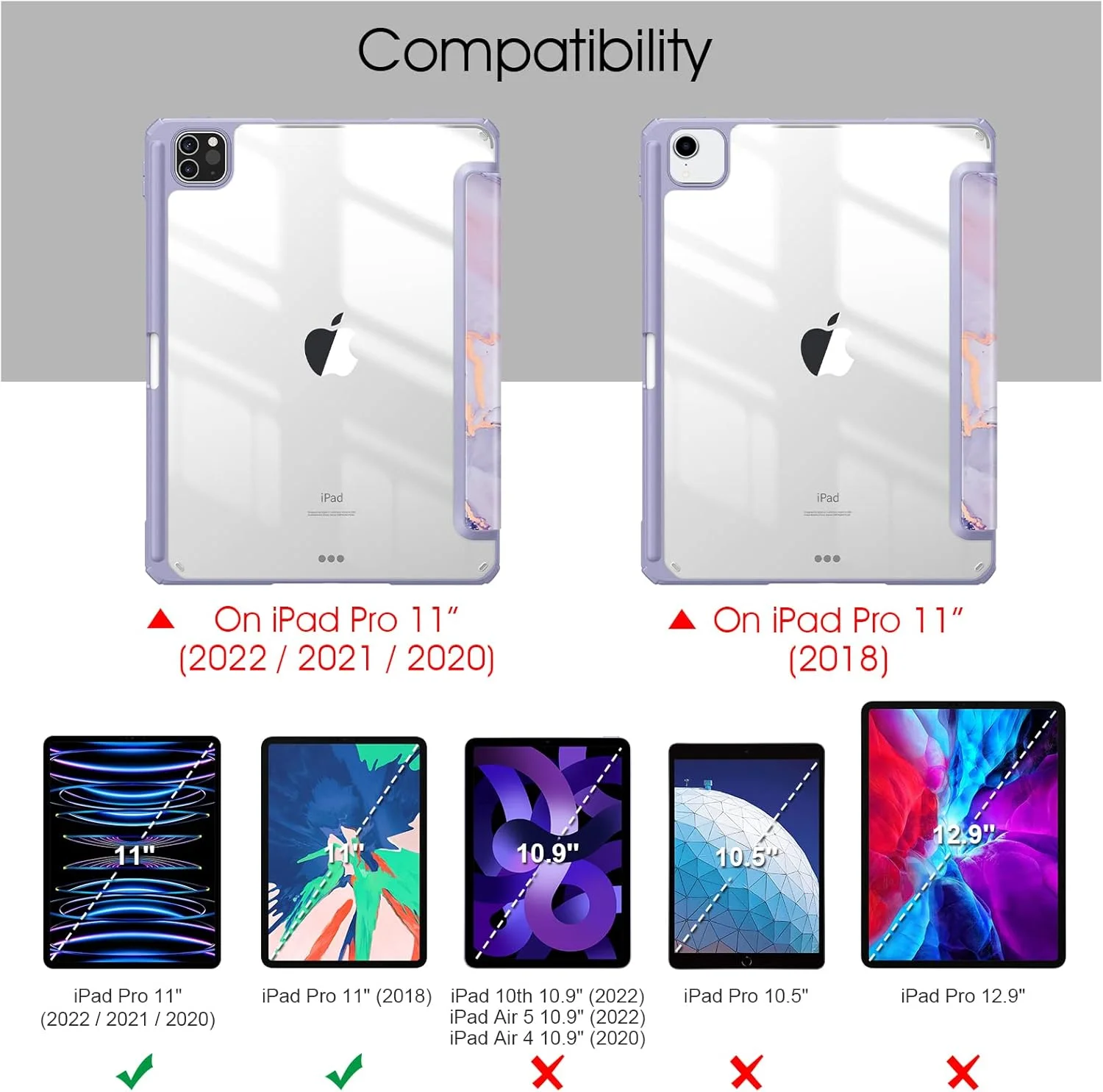 کیف باریک ترکیبی Fintie برای آیپد پرو 11 اینچ (نسل 4/3) 2022/2021 - [دارای جای مداد داخلی] پوشش ضد ضربه با پوسته پشتی شفاف، مناسب برای آیپد پرو 11 اینچ نسل 2، طرح سنگ مرمر یاسی