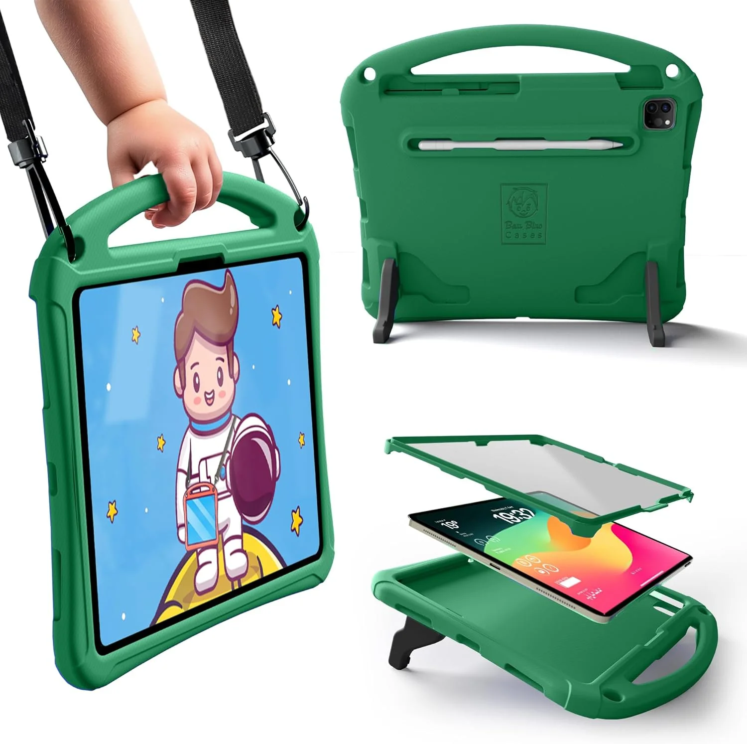 کیف محافظ کودکانه فضانورد Bam Bino Space Suit مناسب برای آیپد پرو 13 M4 و آیپد ایر 13 M2/M3 (2024/2025) با محافظ صفحه نمایش داخلی، دسته، استند، جای مداد و بند شانه (سبز)