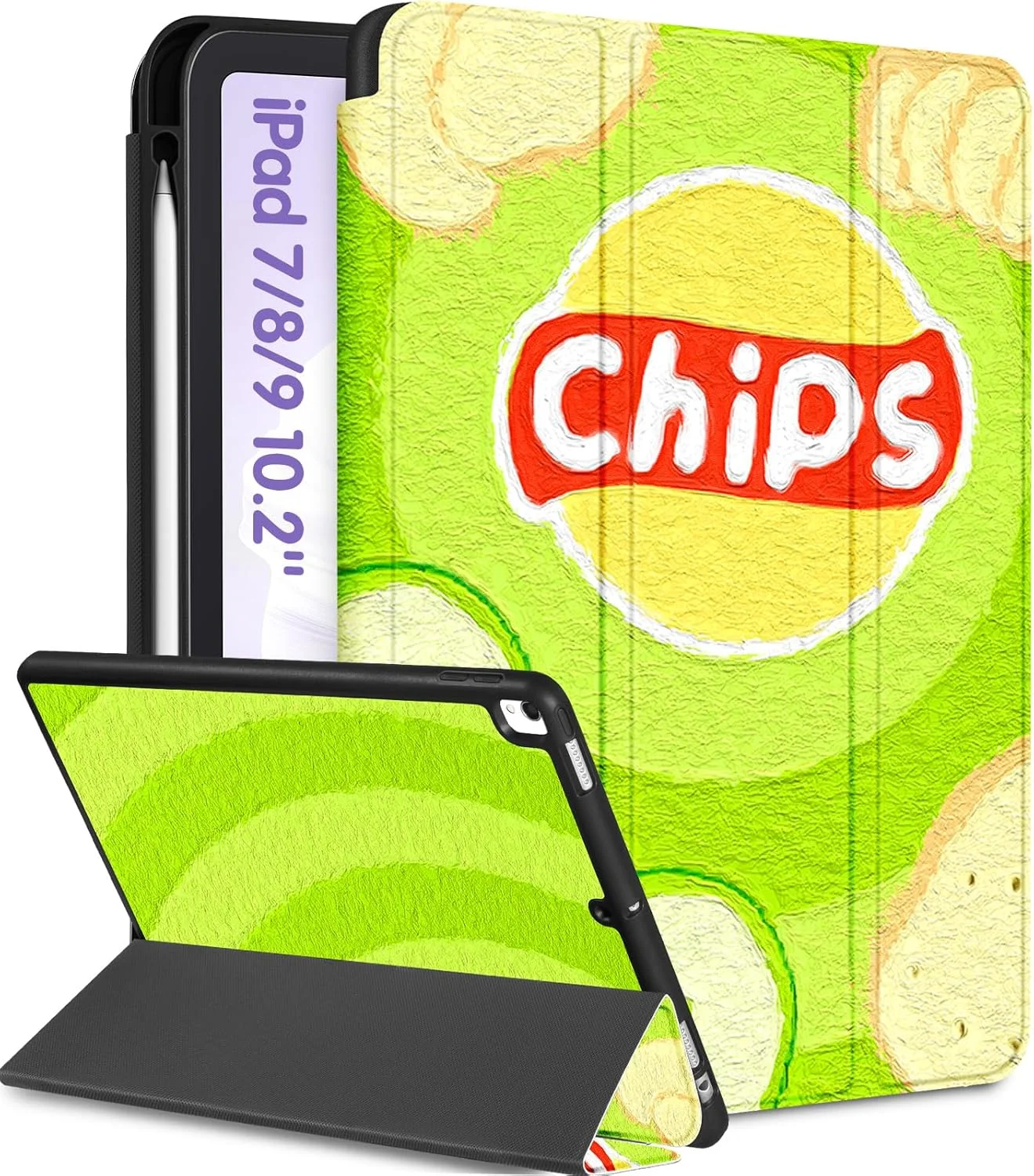 کاور تبلت Uppuppy مناسب برای آیپد نسل 9/8/7 با صفحه نمایش 10.2 اینچ، دخترانه، پسرانه، بچگانه، زنانه، دارای نگهدارنده قلم، طرح کارتونی غذا، مناسب برای مردان، طراحی خنده دار و جذاب، مناسب نوجوانان، سازگار با آیپد نسل 7/8/9 مدل A2602 A2270 A2197