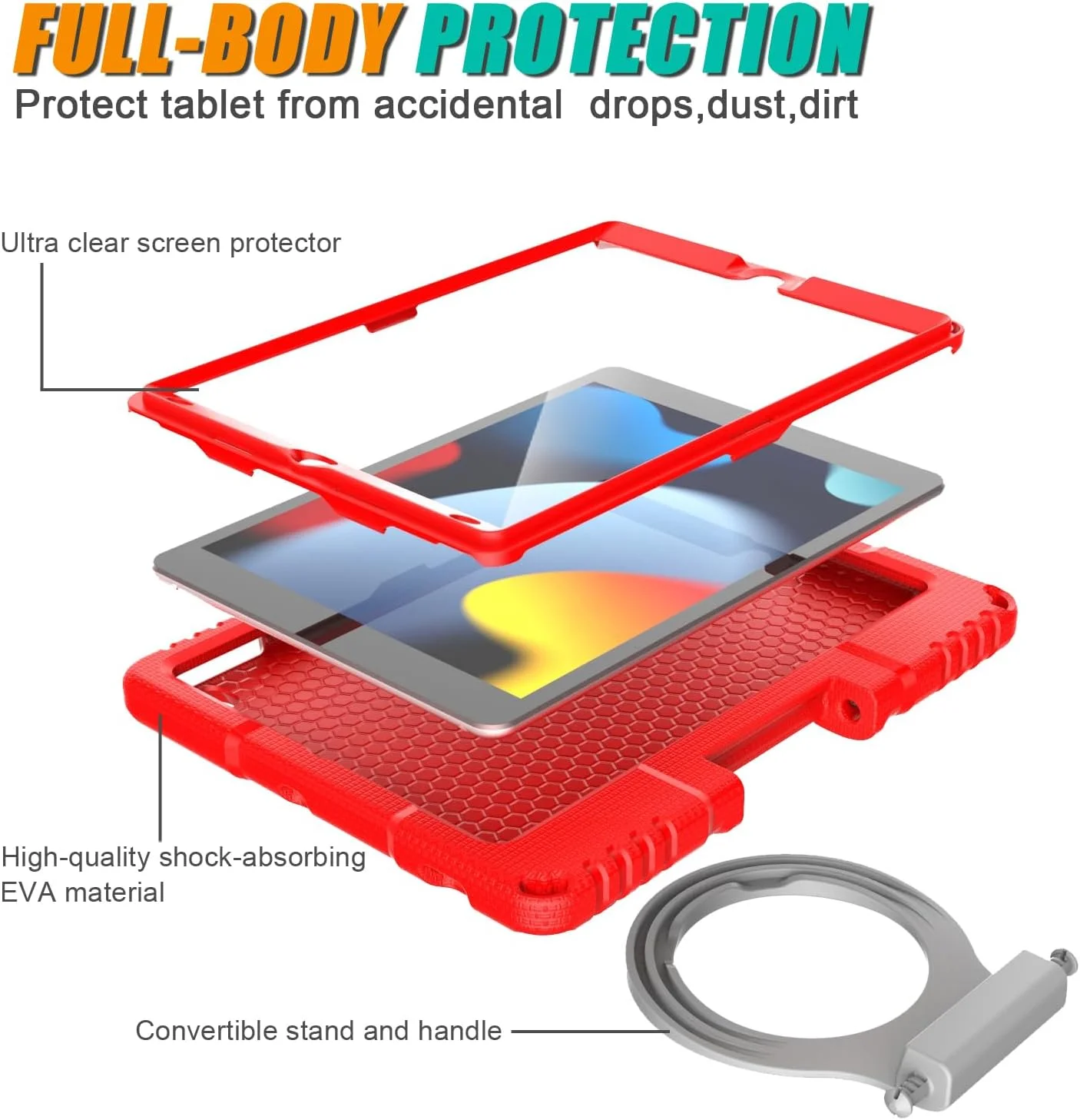 کیف محافظ کودکانه DICEKOO برای آیپد نسل 9/8/7 اینچ 10.2 اینچی مدل 2021/2020/2019، با محافظ صفحه نمایش داخلی، دسته ضد ضربه و پایه، کاور کودکانه برای اپل آیپد 10.2 اینچی - قرمز