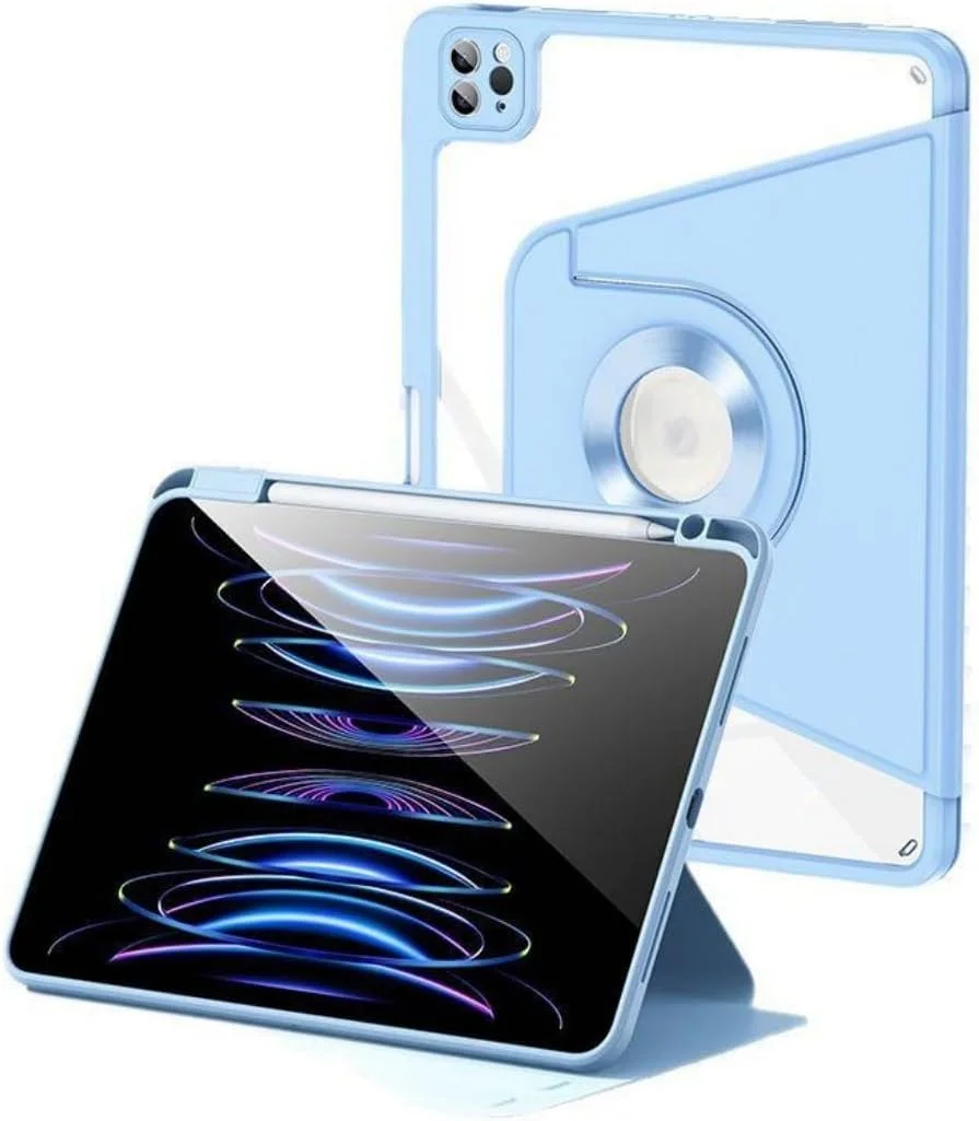 کیف چرخشی Excefore برای آیپد ایر 11 اینچ M3/M2، کاور محافظ باریک شفاف جداشدنی مغناطیسی با نگهدارنده مداد برای آیپد ایر نسل 5/4 پرو 11 2022، مقاوم و بادوام، آبی