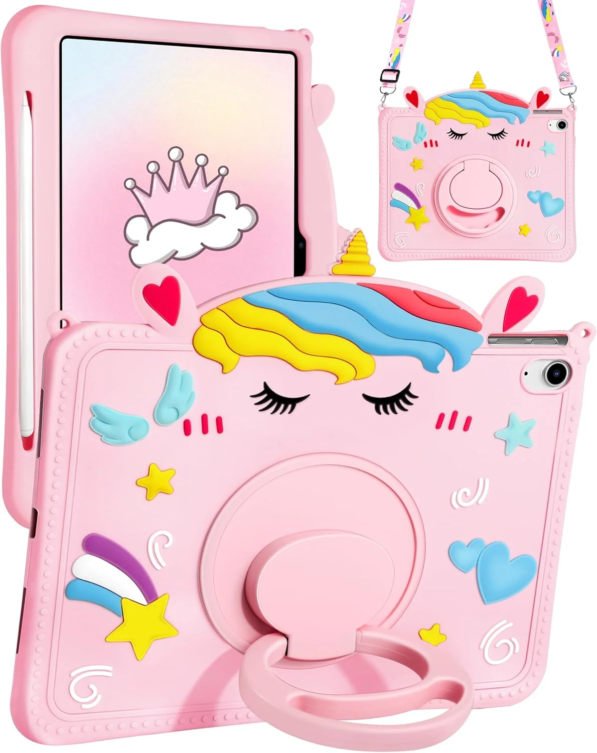 کاور گورگیتات آیپد A16 / کاور نسل 10 - دخترانه فانتزی طرح کارتونی تک شاخ سیلیکونی 10.9 اینچی 2022 به همراه استند چرخشی و بند برای آیپد 11 اینچی نسل 11 سال 2025
