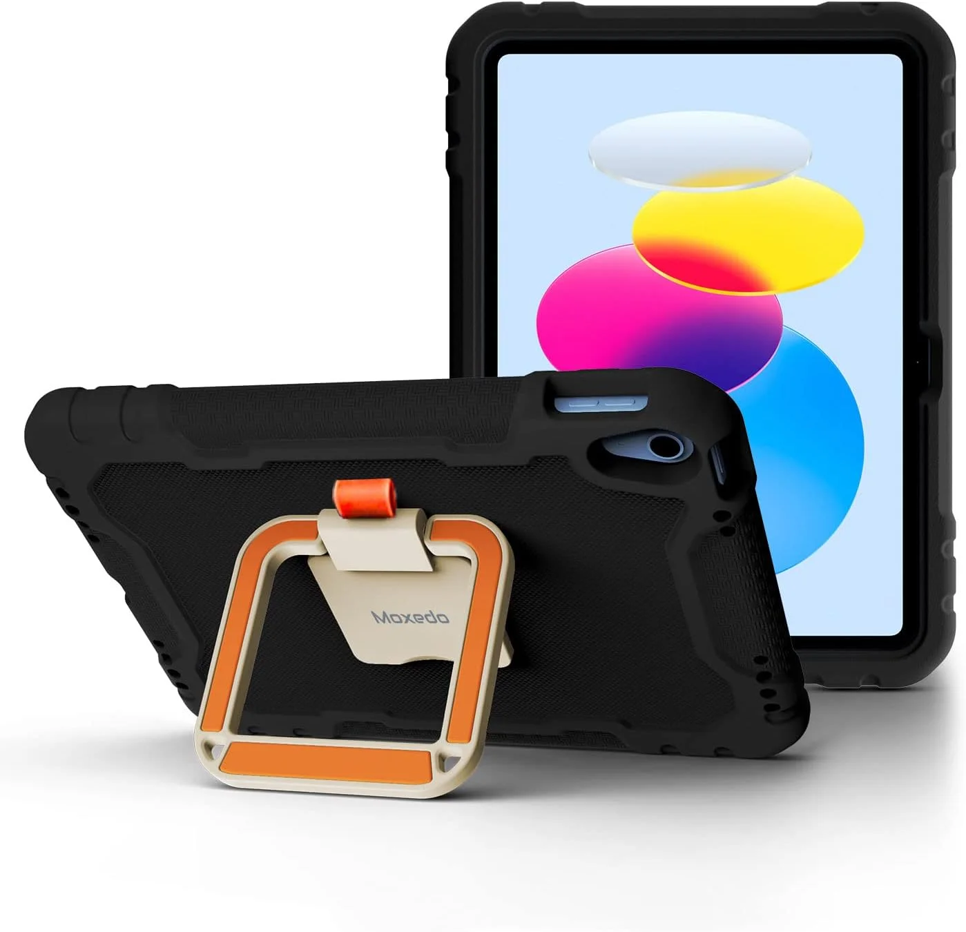 کاور محافظ کودکانه و مقاوم Moxedo از جنس EVA سیلیکونی، ضد ضربه با استند تاشو و چرخان 360 درجه و دسته و جای مداد، سازگار با Apple iPad 2022 (نسل 10) 10.9 اینچ (مشکی)