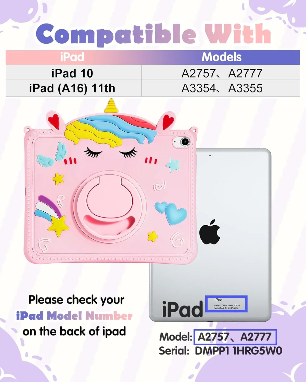 کاور گورگیتات آیپد A16 / کاور نسل 10 - دخترانه فانتزی طرح کارتونی تک شاخ سیلیکونی 10.9 اینچی 2022 به همراه استند چرخشی و بند برای آیپد 11 اینچی نسل 11 سال 2025