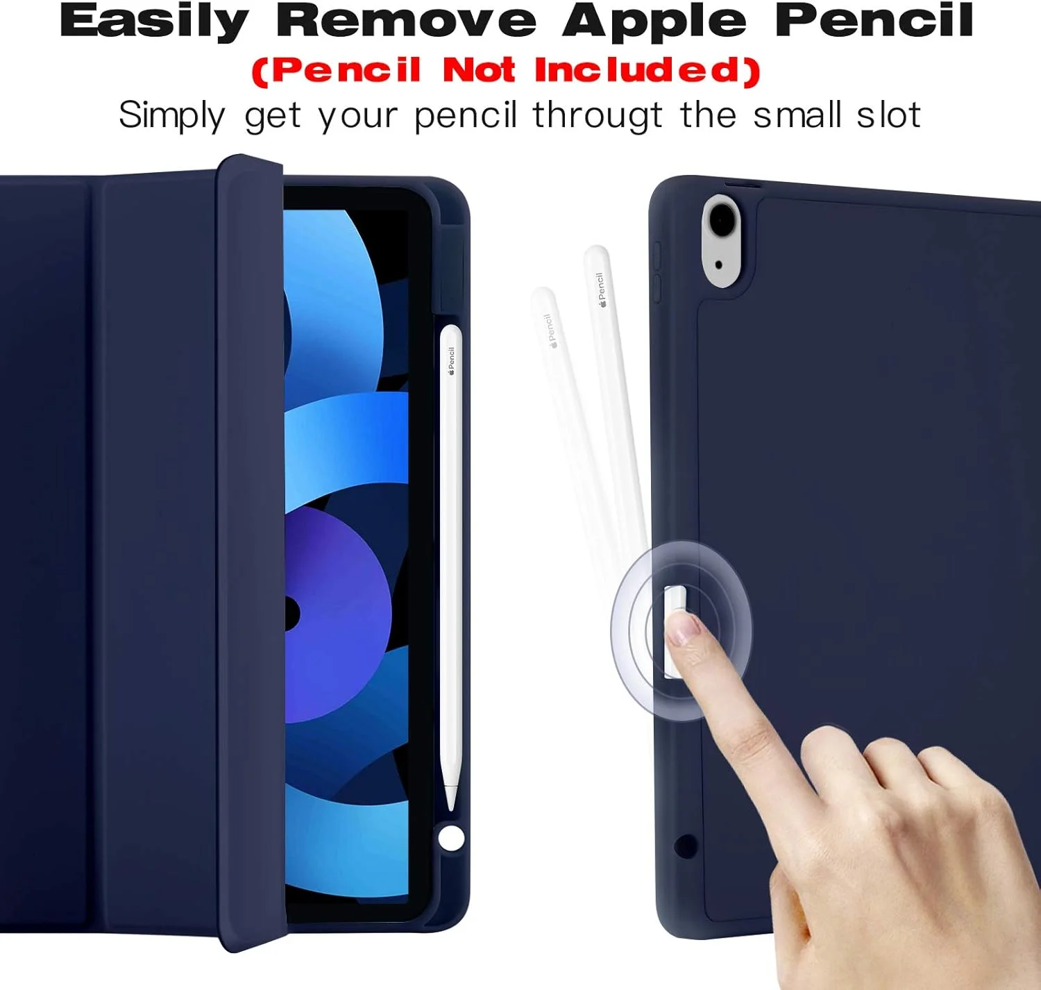 کاور آیپد ایر 11 اینچ 2024 / ایر نسل ششم، پنجم، چهارم 2022/2020 10.9 اینچ با جای قلم، کاور هوشمند استند، پشتیبانی از شارژ قلم اپل با قابلیت بیدار شدن/خواب خودکار - آبی تیره