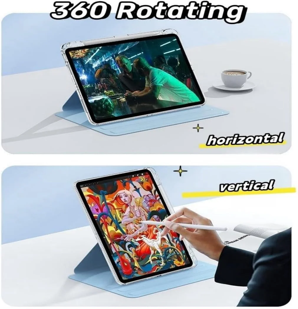 کیف چرخشی Excefore برای آیپد ایر 11 اینچ M3/M2، کاور محافظ باریک شفاف جداشدنی مغناطیسی با نگهدارنده مداد برای آیپد ایر نسل 5/4 پرو 11 2022، مقاوم و بادوام، آبی