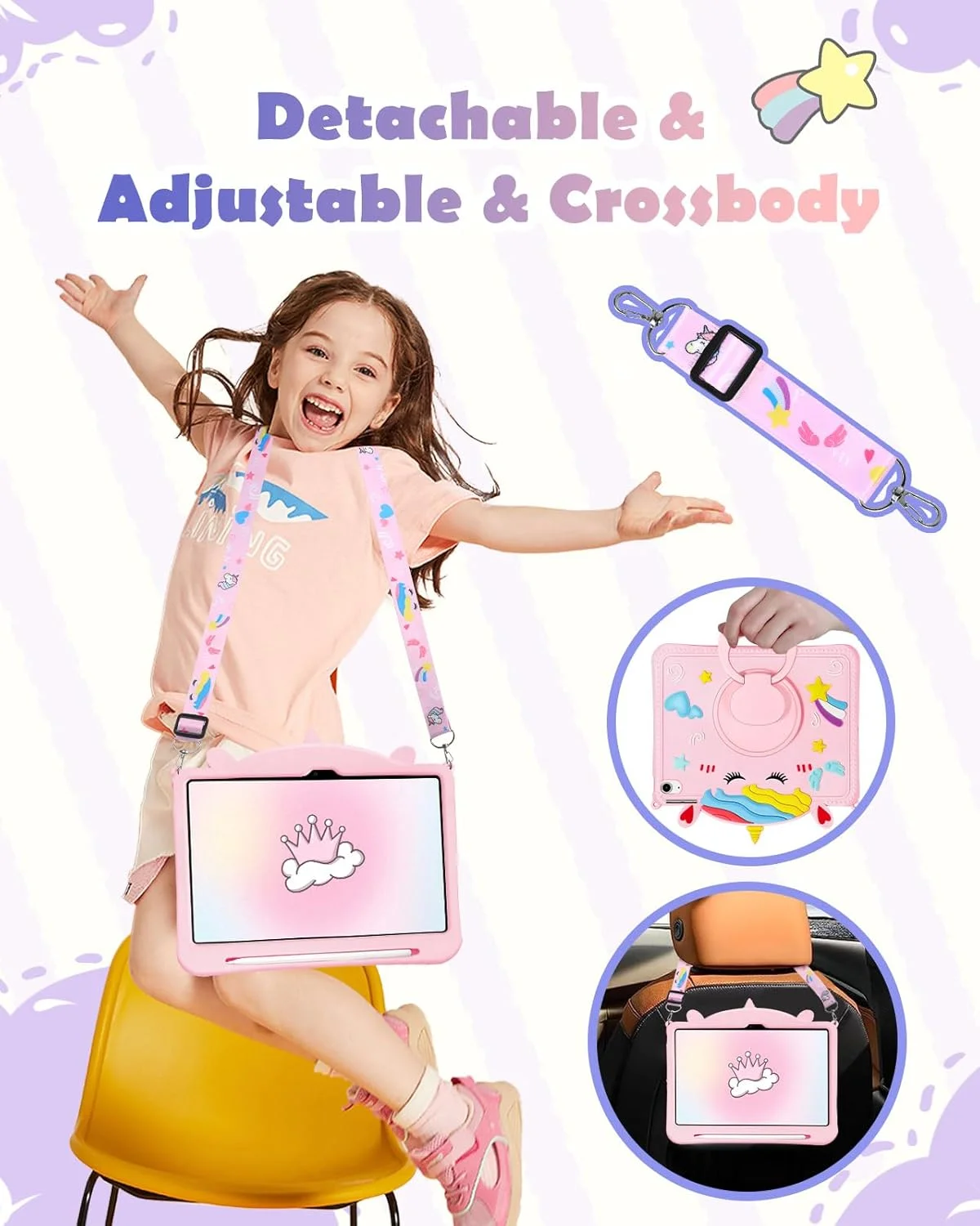 کاور گورگیتات آیپد A16 / کاور نسل 10 - دخترانه فانتزی طرح کارتونی تک شاخ سیلیکونی 10.9 اینچی 2022 به همراه استند چرخشی و بند برای آیپد 11 اینچی نسل 11 سال 2025