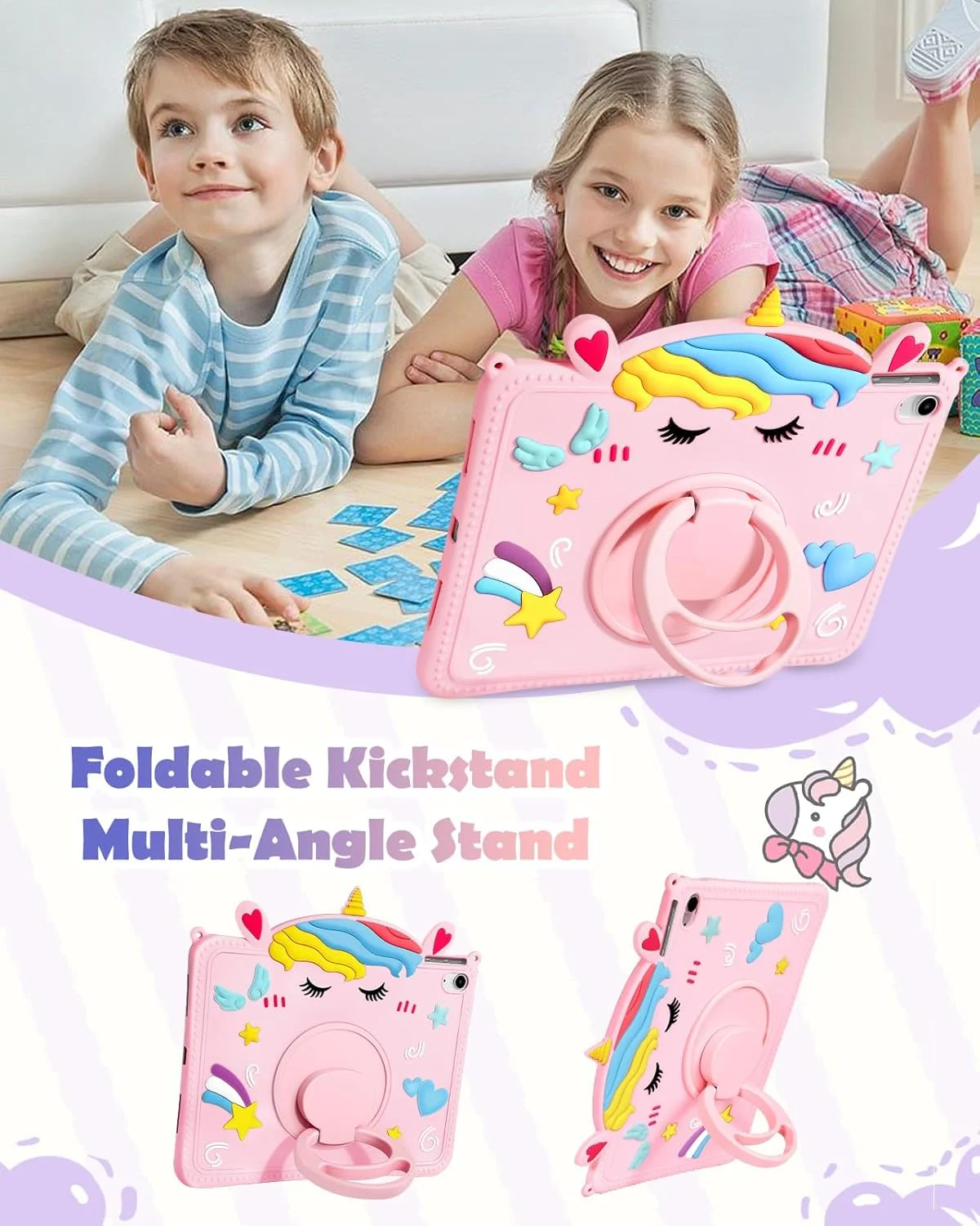 کاور گورگیتات آیپد A16 / کاور نسل 10 - دخترانه فانتزی طرح کارتونی تک شاخ سیلیکونی 10.9 اینچی 2022 به همراه استند چرخشی و بند برای آیپد 11 اینچی نسل 11 سال 2025