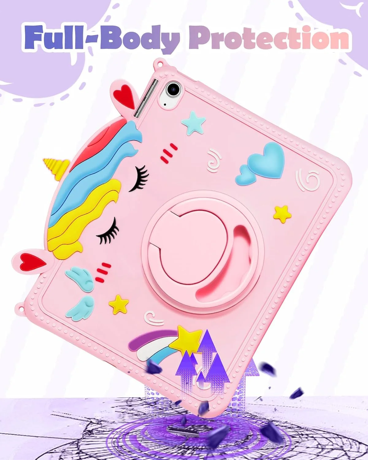 کاور گورگیتات آیپد A16 / کاور نسل 10 - دخترانه فانتزی طرح کارتونی تک شاخ سیلیکونی 10.9 اینچی 2022 به همراه استند چرخشی و بند برای آیپد 11 اینچی نسل 11 سال 2025