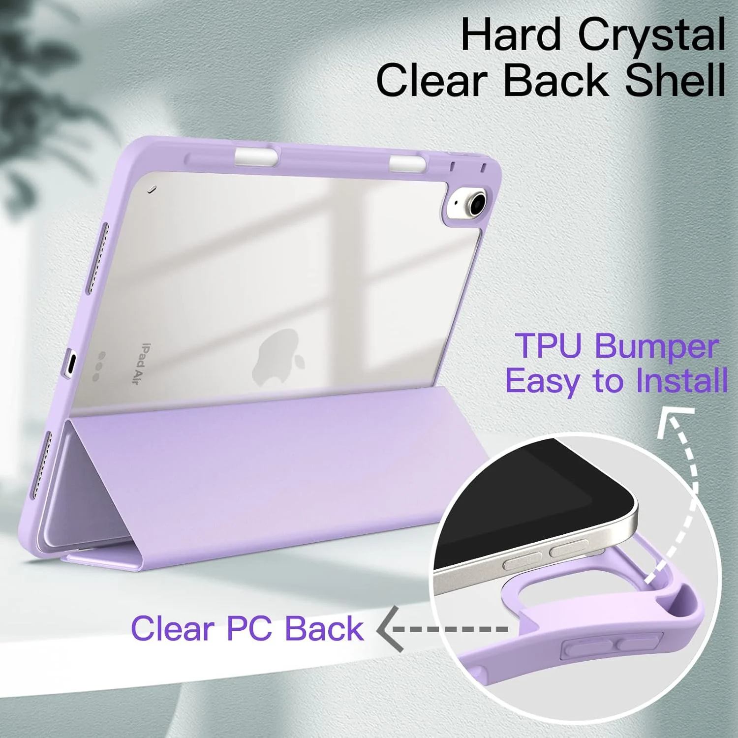 JETech Case for iPad Air 11-Inch M3/M2 (2025/2024), iPad Air 5/4 (2022/2020 5th/4th 10.9-Inch) with Pencil Holder, Clear Transparent Back Slim Stand Shockproof Tablet Cover (Light Purple)