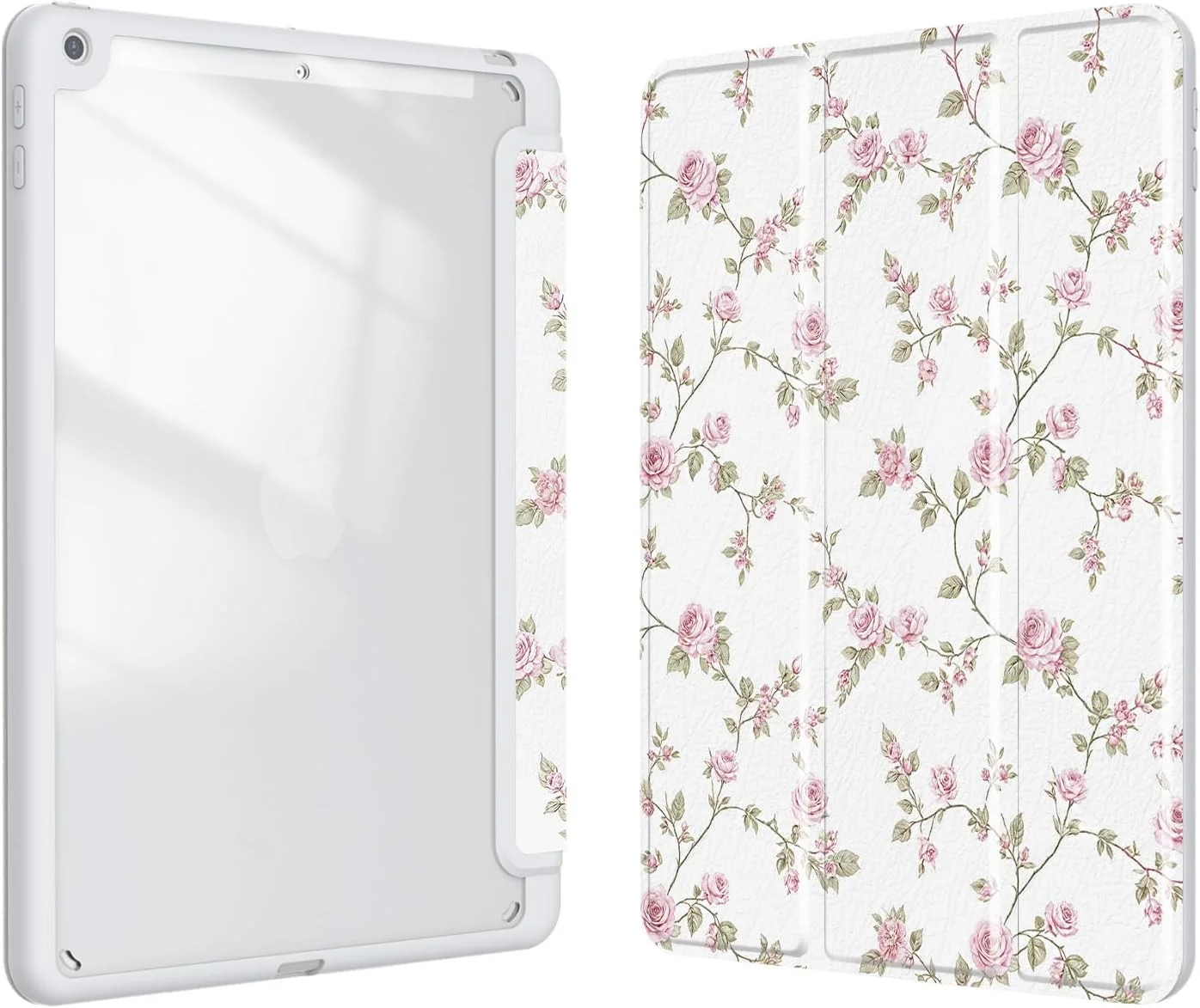 کاور ایکس کلادز مناسب آیپد نسل 9 / 8 / 7 (2021/2020/2019) 10.2 اینچ، کاور با جای قلم، کاور پشتی شفاف با طرح زیبا و جذاب برای دختران و زنان، حالت خواب/بیدار خودکار، گل صورتی