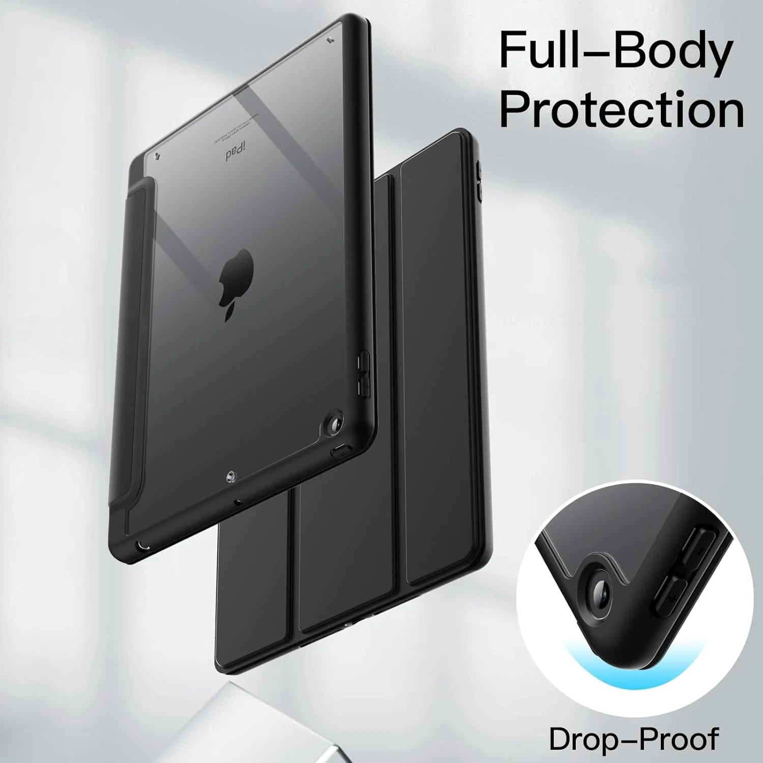کاور تبلت JETech مناسب برای آیپد 10.2 اینچی (نسل 9/8/7، 2021/2020/2019) با جای قلم، قاب پشتی شفاف، باریک، مقاوم در برابر ضربه، قابلیت بیدار شدن/خواب خودکار (مشکی)