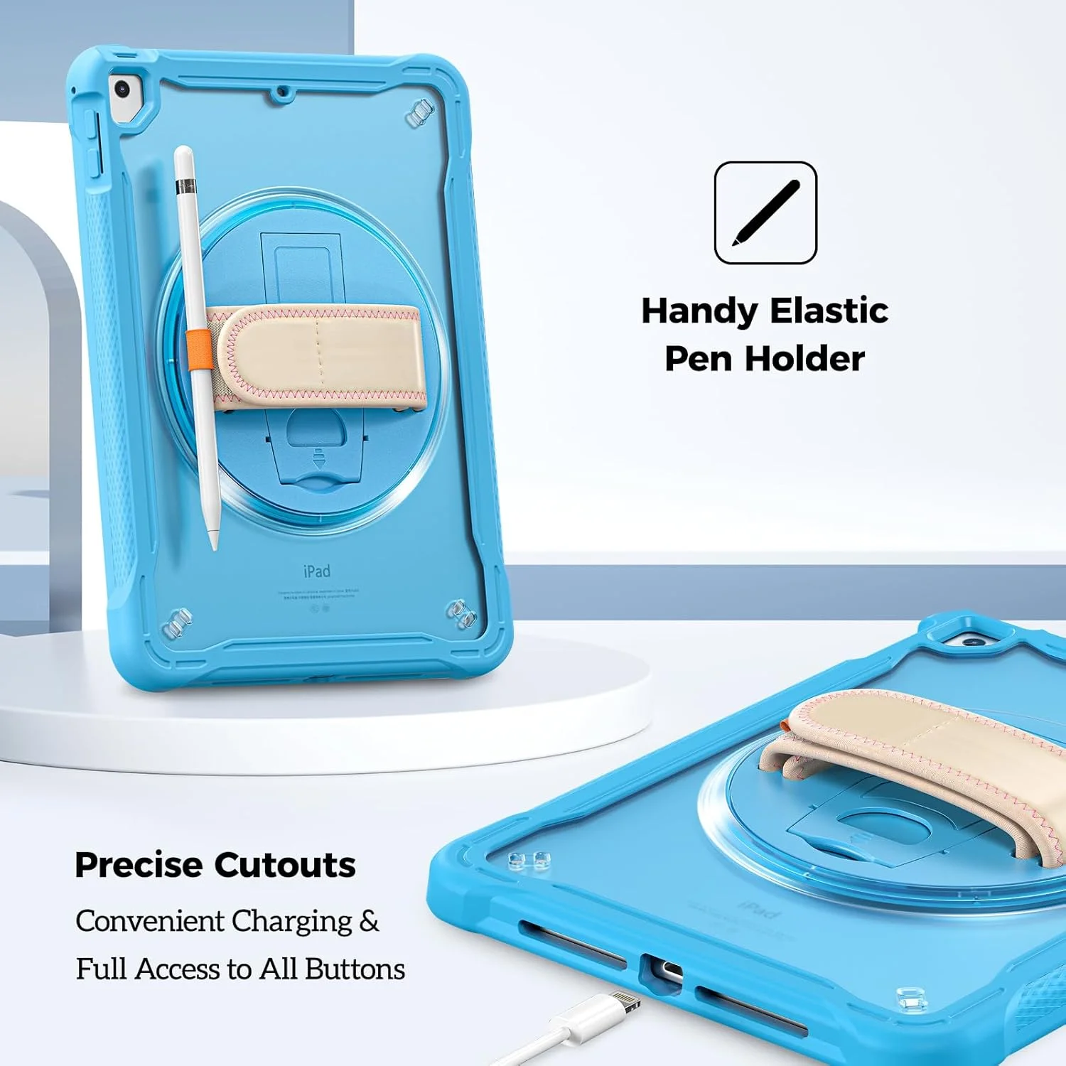 کیف محافظ مقاوم ProCase برای آیپد 9.7 اینچی نسل 5 و 6 / آیپد ایر 2 / آیپد ایر، کاور مقاوم در برابر ضربه با بند دستی، پایه چرخان 360 درجه، محافظ برای آیپد 9.7 - آبی