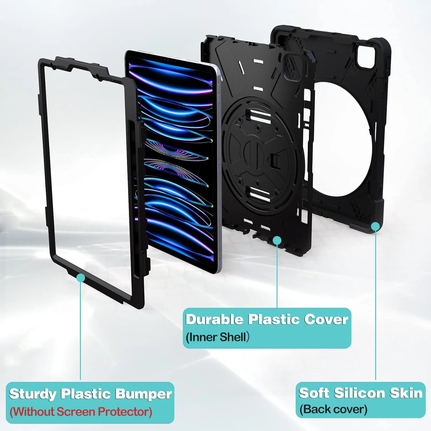 پروکیس برای آیپد پرو 11 اینچ مدل 2022 2021 2020 2018، کاور مقاوم و ضد ضربه با بند دستی و بند شانه برای آیپد پرو 11 اینچ نسل 4، 3، 2، 1 - مشکی