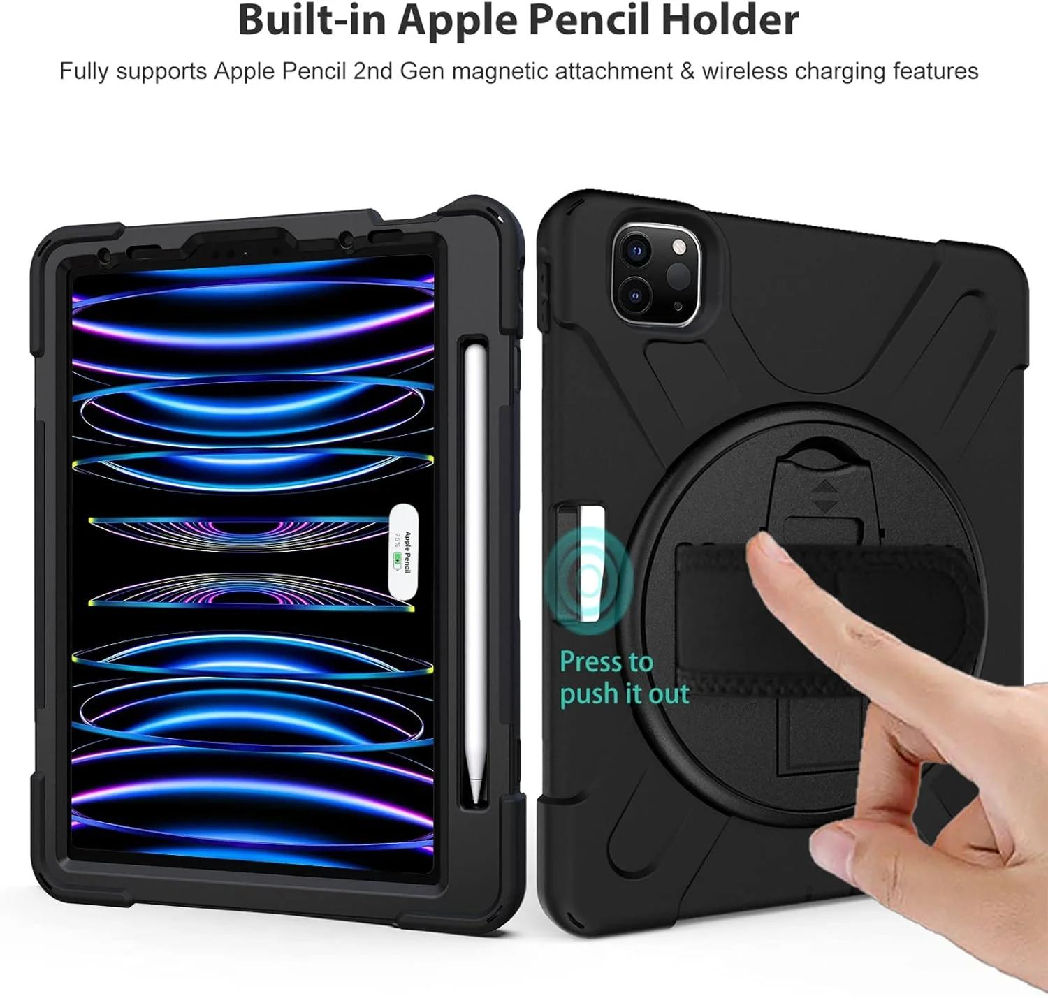 پروکیس برای آیپد پرو 11 اینچ مدل 2022 2021 2020 2018، کاور مقاوم و ضد ضربه با بند دستی و بند شانه برای آیپد پرو 11 اینچ نسل 4، 3، 2، 1 - مشکی