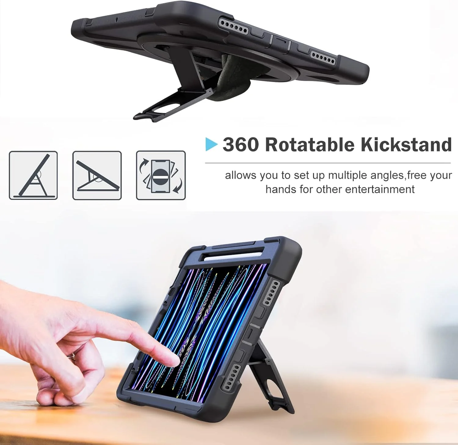 پروکیس برای آیپد پرو 11 اینچ مدل 2022 2021 2020 2018، کاور مقاوم و ضد ضربه با بند دستی و بند شانه برای آیپد پرو 11 اینچ نسل 4، 3، 2، 1 - مشکی