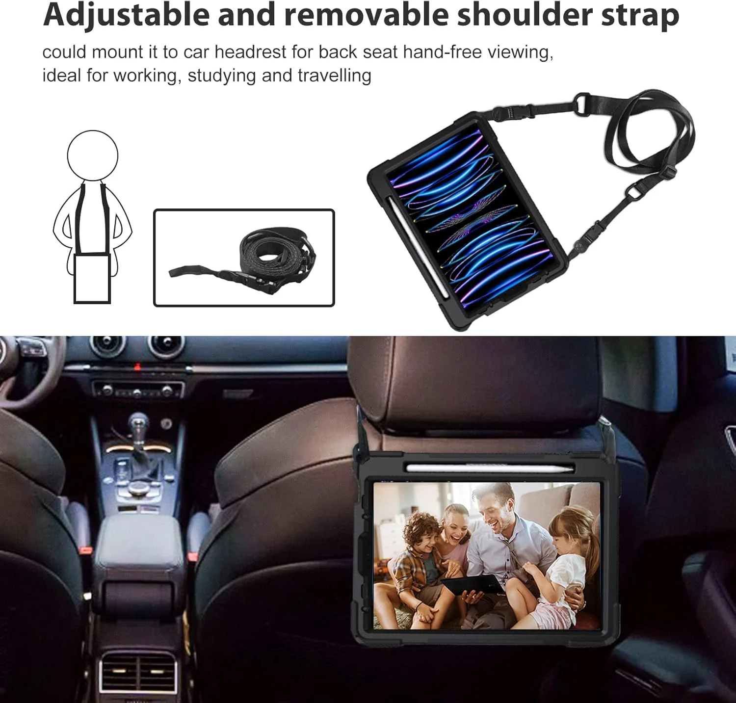 پروکیس برای آیپد پرو 11 اینچ مدل 2022 2021 2020 2018، کاور مقاوم و ضد ضربه با بند دستی و بند شانه برای آیپد پرو 11 اینچ نسل 4، 3، 2، 1 - مشکی