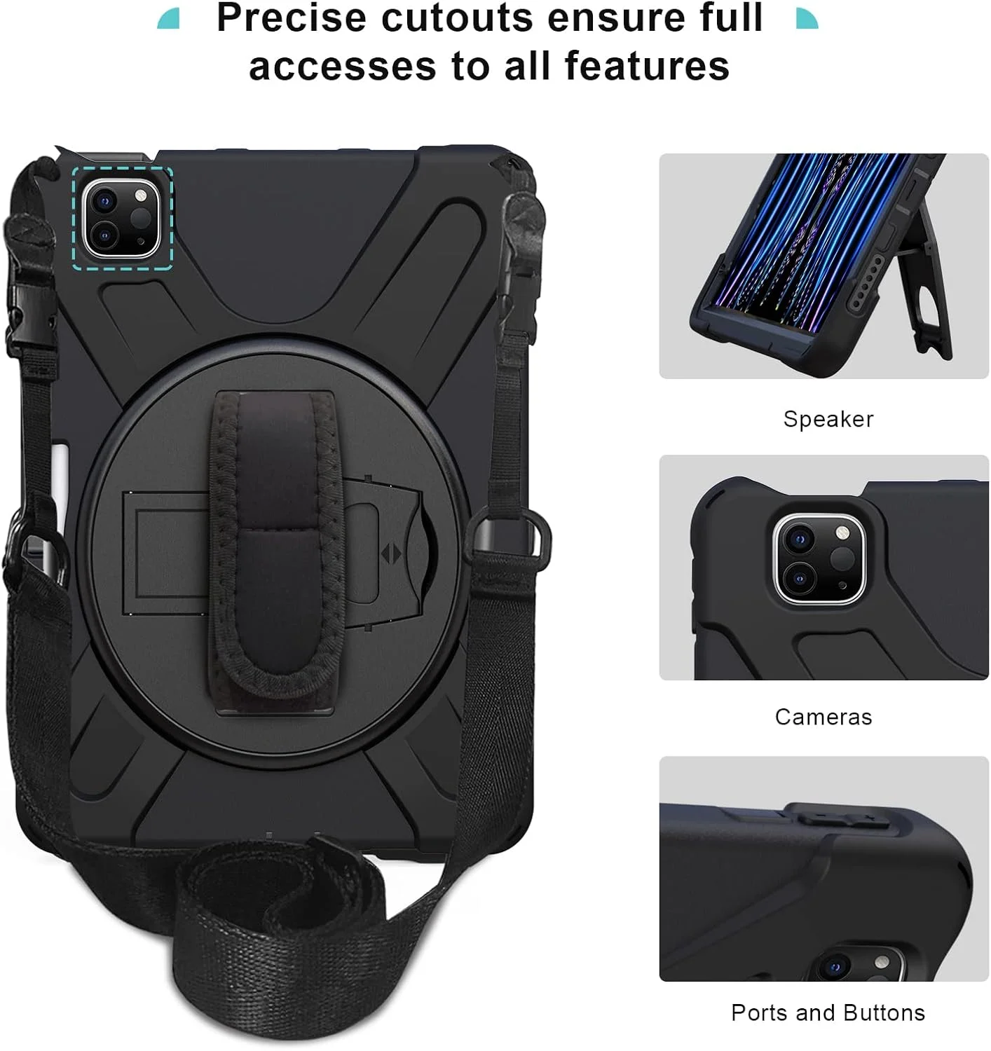 پروکیس برای آیپد پرو 11 اینچ مدل 2022 2021 2020 2018، کاور مقاوم و ضد ضربه با بند دستی و بند شانه برای آیپد پرو 11 اینچ نسل 4، 3، 2، 1 - مشکی