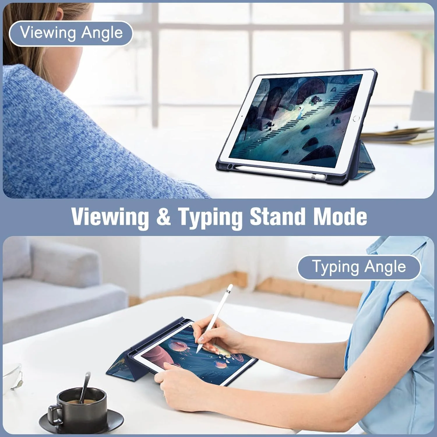کاور محافظ باریک هیبریدی برای آیپد نسل 9 / 8 / 7 (2021/2020/2019) 10.2 اینچی - [دارای جای مدادی داخلی] کاور ضد ضربه با پشت شفاف، قابلیت خواب و بیدار شدن خودکار (مرمر آبی)