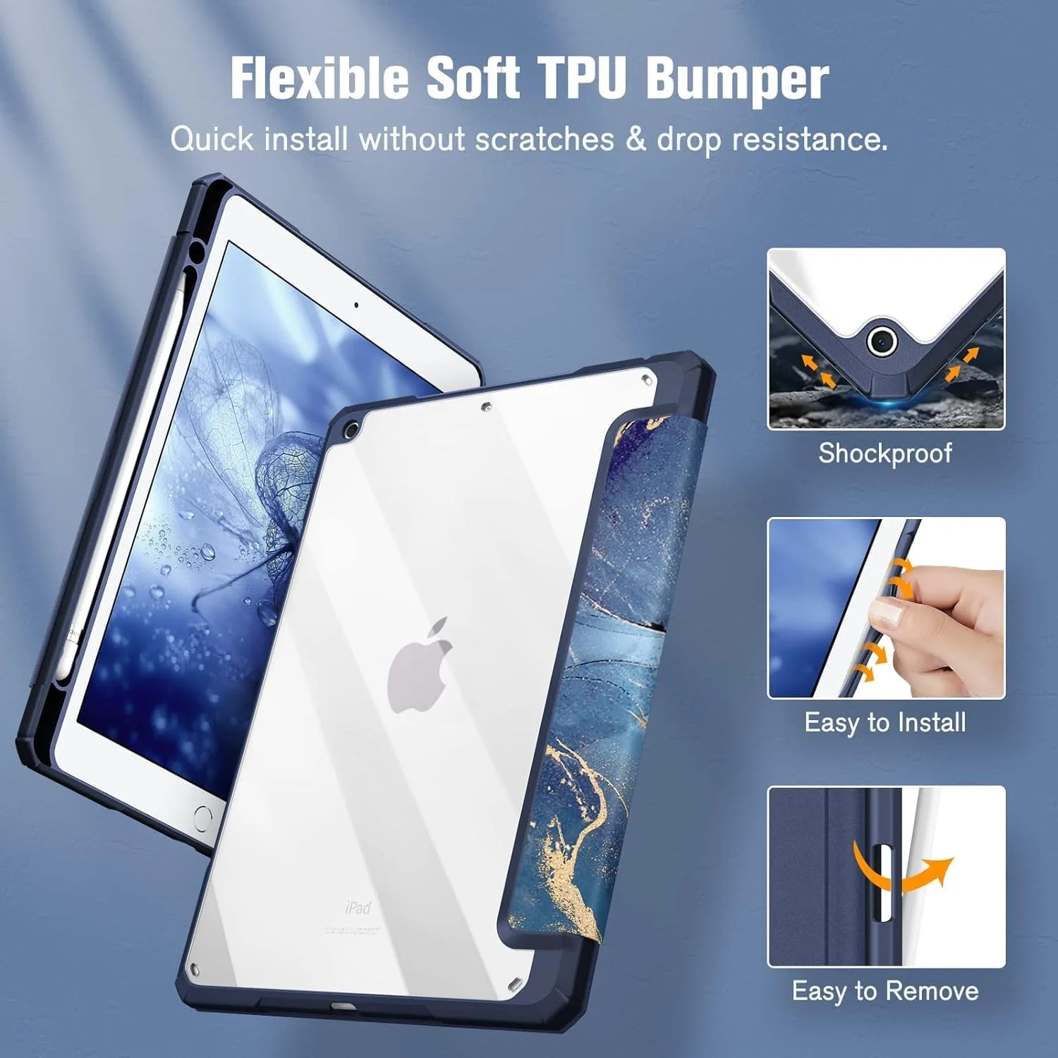 کاور محافظ باریک هیبریدی برای آیپد نسل 9 / 8 / 7 (2021/2020/2019) 10.2 اینچی - [دارای جای مدادی داخلی] کاور ضد ضربه با پشت شفاف، قابلیت خواب و بیدار شدن خودکار (مرمر آبی)