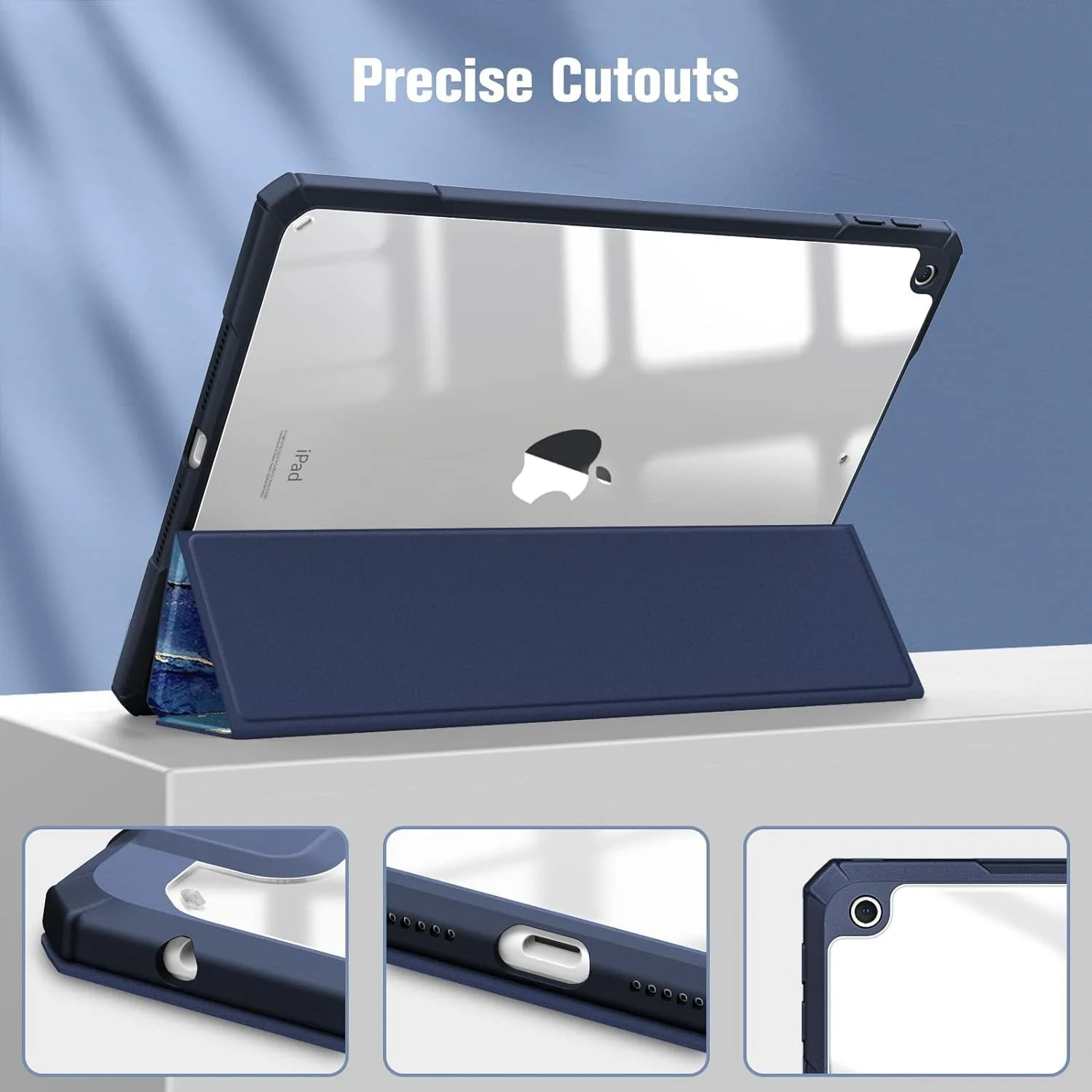 کاور محافظ باریک هیبریدی برای آیپد نسل 9 / 8 / 7 (2021/2020/2019) 10.2 اینچی - [دارای جای مدادی داخلی] کاور ضد ضربه با پشت شفاف، قابلیت خواب و بیدار شدن خودکار (مرمر آبی)