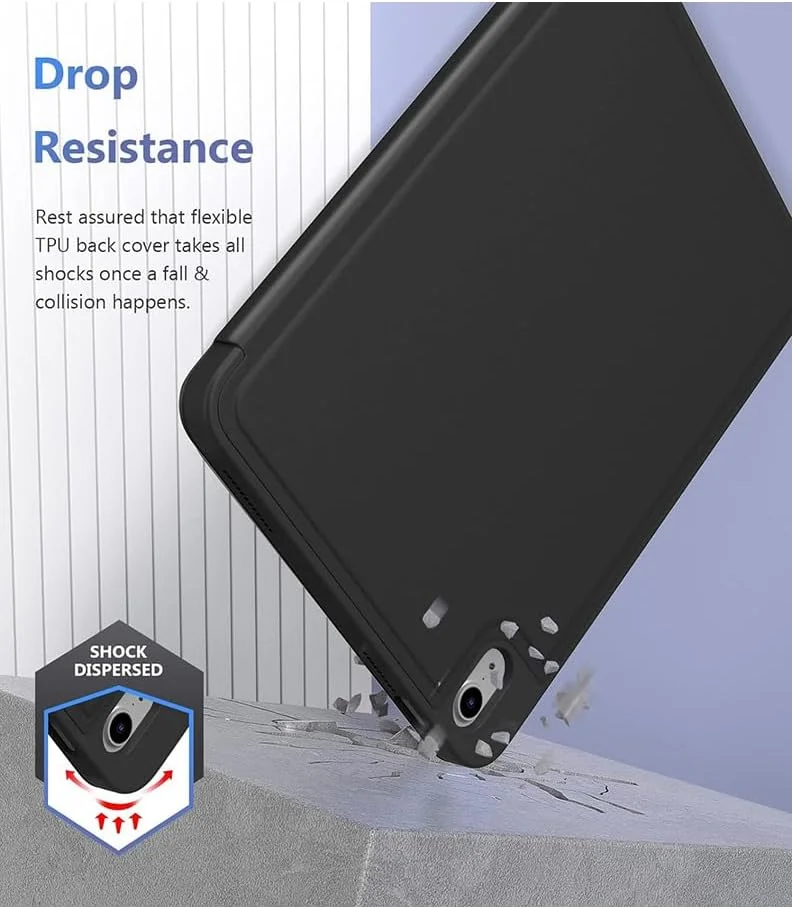 کیف محافظ آیپد ایر ۱۱ اینچ M3 2025/ M2 2024، آیپد ایر ۵/۴ (نسل پنجم/چهارم ۲۰۲۲/۲۰۲۰ ۱۰.۹ اینچ) با نگهدارنده قلم، کاور باریک تبلت با پشت TPU نرم، بیدار/خواب خودکار - مشکی