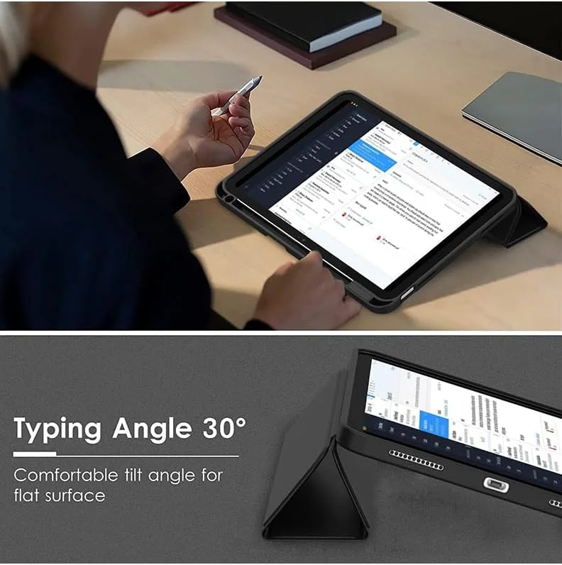 کیف محافظ آیپد ایر ۱۱ اینچ M3 2025/ M2 2024، آیپد ایر ۵/۴ (نسل پنجم/چهارم ۲۰۲۲/۲۰۲۰ ۱۰.۹ اینچ) با نگهدارنده قلم، کاور باریک تبلت با پشت TPU نرم، بیدار/خواب خودکار - مشکی