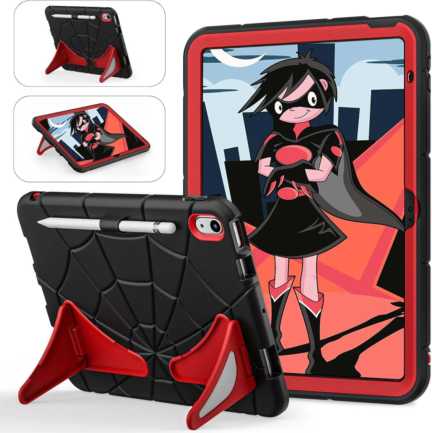 کیف محافظ کودکانه آیپد (A16) نسل 11 اینچ 11 اینچی 2025: کیف آیپد نسل 10 اینچ 2022 10.9 اینچی با نگهدارنده قلم - کاور بادوام ضد ضربه پایه دار کودکانه برای اپل آیپد 10 Gen 2022 (مشکی+قرمز)