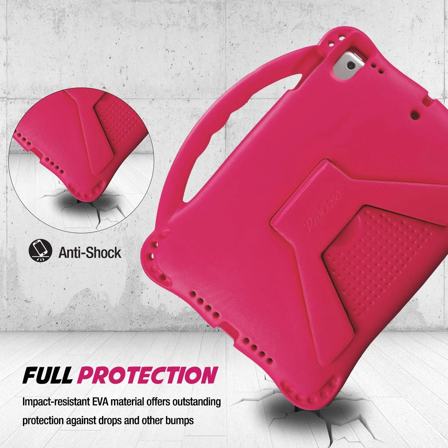 کیف محافظ کودکانه ProCase برای آیپد 9.7 اینچی (مدل قدیمی) نسل 6 و 5 سال 2017 و 2018/ آیپد ایر 2 و ایر 1/ آیپد پرو 9.7 اینچی 2016، کاور مقاوم در برابر ضربه سبک وزن و بادوام با محافظت کامل به همراه دستگیره و پایه - سرخابی