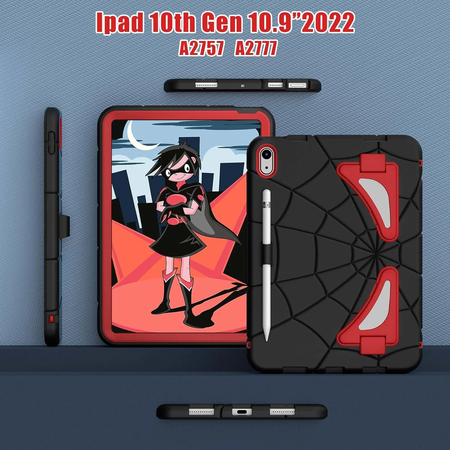 کیف محافظ کودکانه آیپد (A16) نسل 11 اینچ 11 اینچی 2025: کیف آیپد نسل 10 اینچ 2022 10.9 اینچی با نگهدارنده قلم - کاور بادوام ضد ضربه پایه دار کودکانه برای اپل آیپد 10 Gen 2022 (مشکی+قرمز)