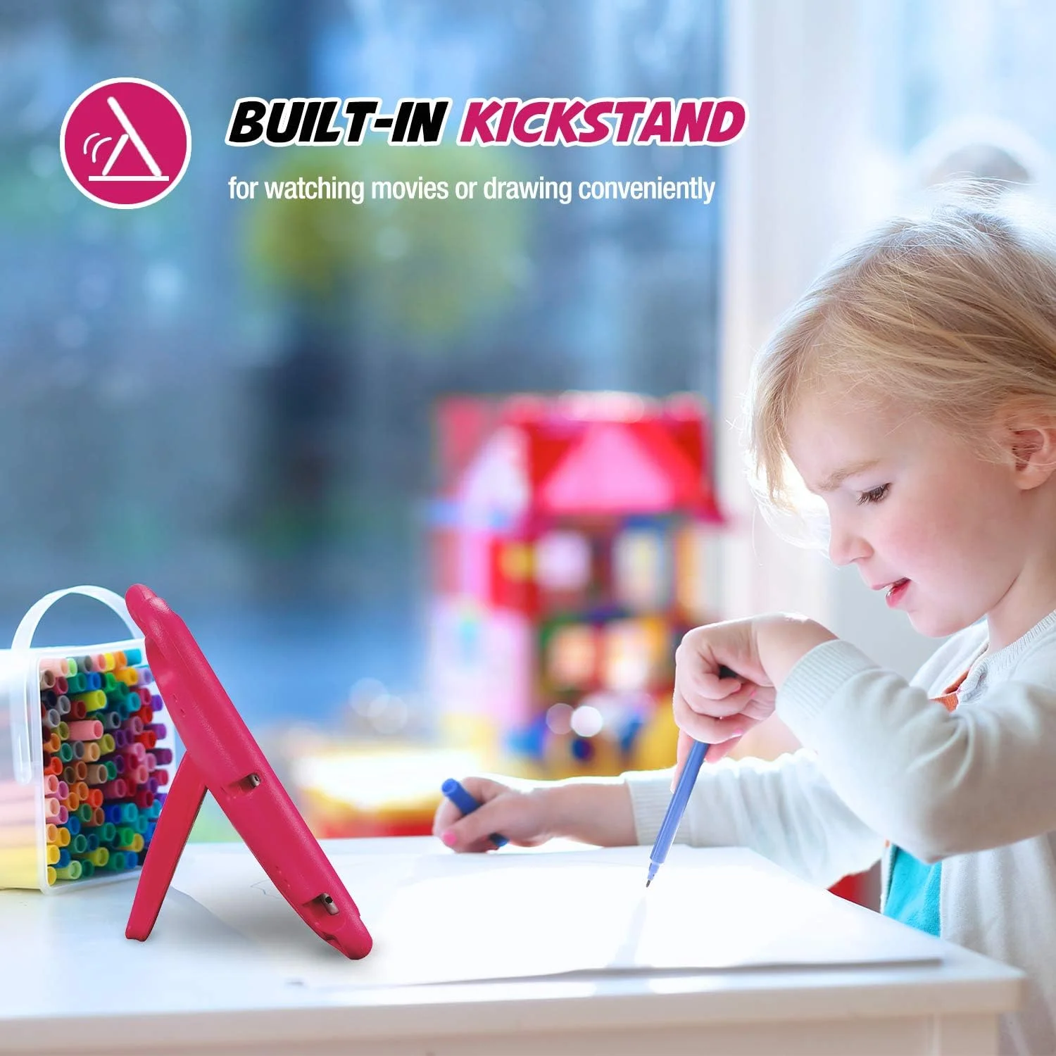 کیف محافظ کودکانه ProCase برای آیپد 9.7 اینچی (مدل قدیمی) نسل 6 و 5 سال 2017 و 2018/ آیپد ایر 2 و ایر 1/ آیپد پرو 9.7 اینچی 2016، کاور مقاوم در برابر ضربه سبک وزن و بادوام با محافظت کامل به همراه دستگیره و پایه - سرخابی