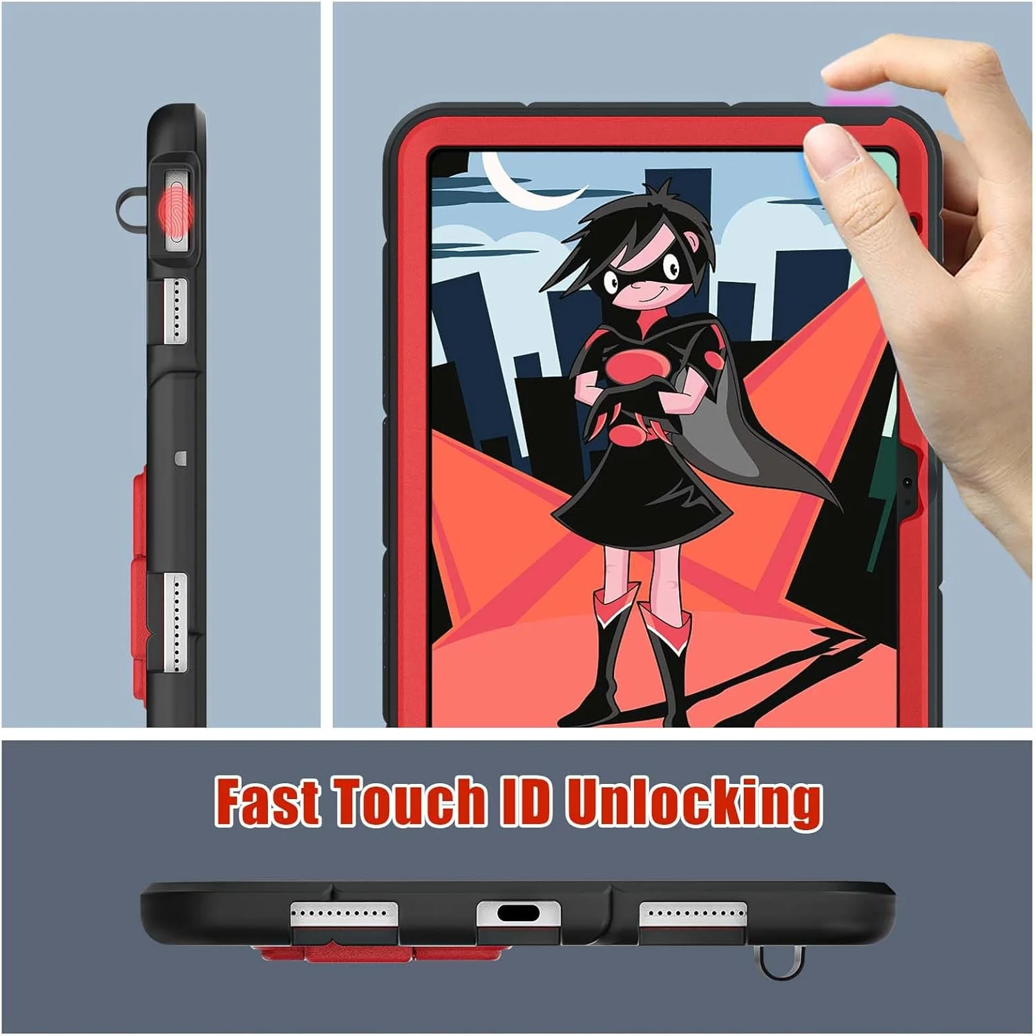 کیف محافظ کودکانه آیپد (A16) نسل 11 اینچ 11 اینچی 2025: کیف آیپد نسل 10 اینچ 2022 10.9 اینچی با نگهدارنده قلم - کاور بادوام ضد ضربه پایه دار کودکانه برای اپل آیپد 10 Gen 2022 (مشکی+قرمز)