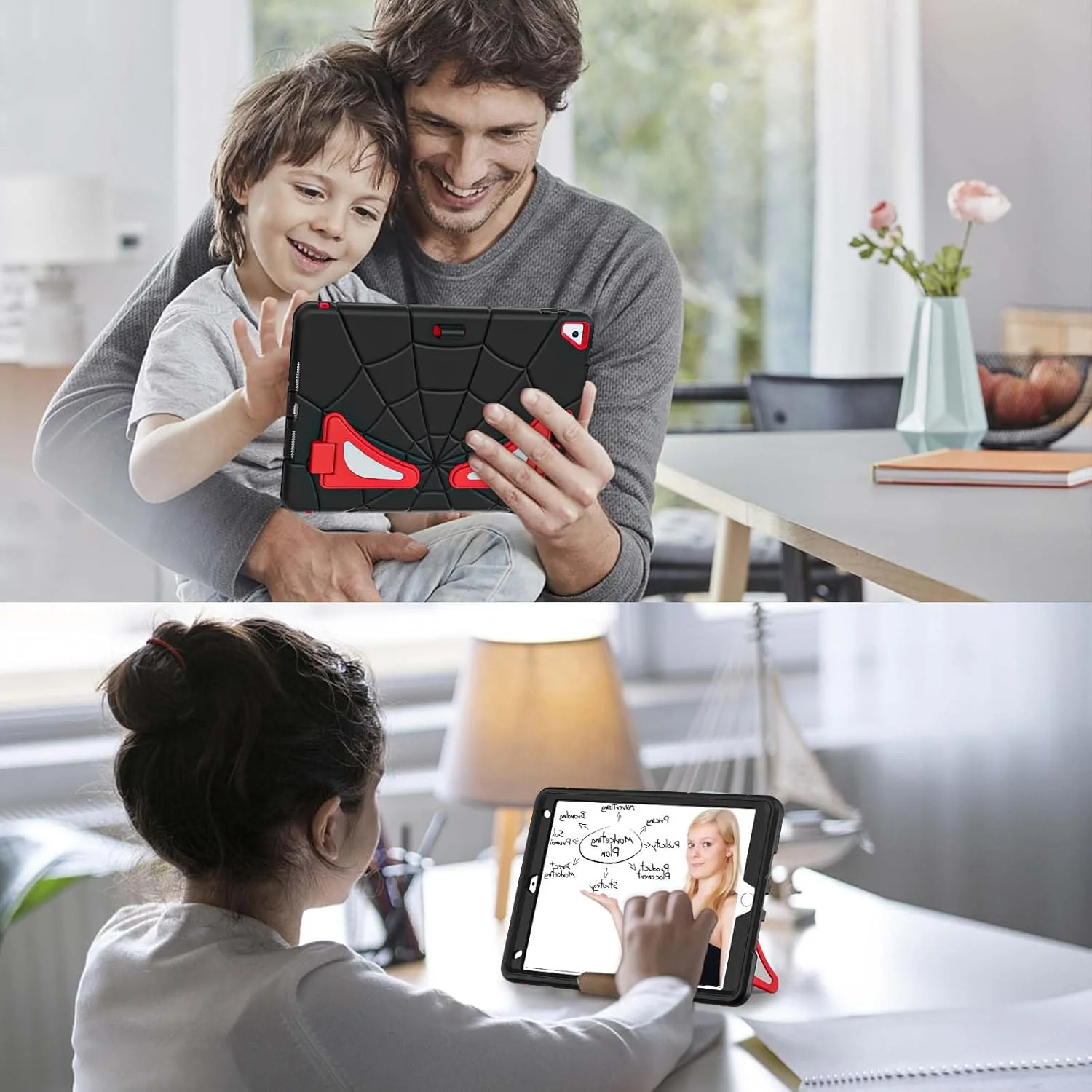 کیف محافظ کودکانه آیپد (A16) نسل 11 اینچ 11 اینچی 2025: کیف آیپد نسل 10 اینچ 2022 10.9 اینچی با نگهدارنده قلم - کاور بادوام ضد ضربه پایه دار کودکانه برای اپل آیپد 10 Gen 2022 (مشکی+قرمز)