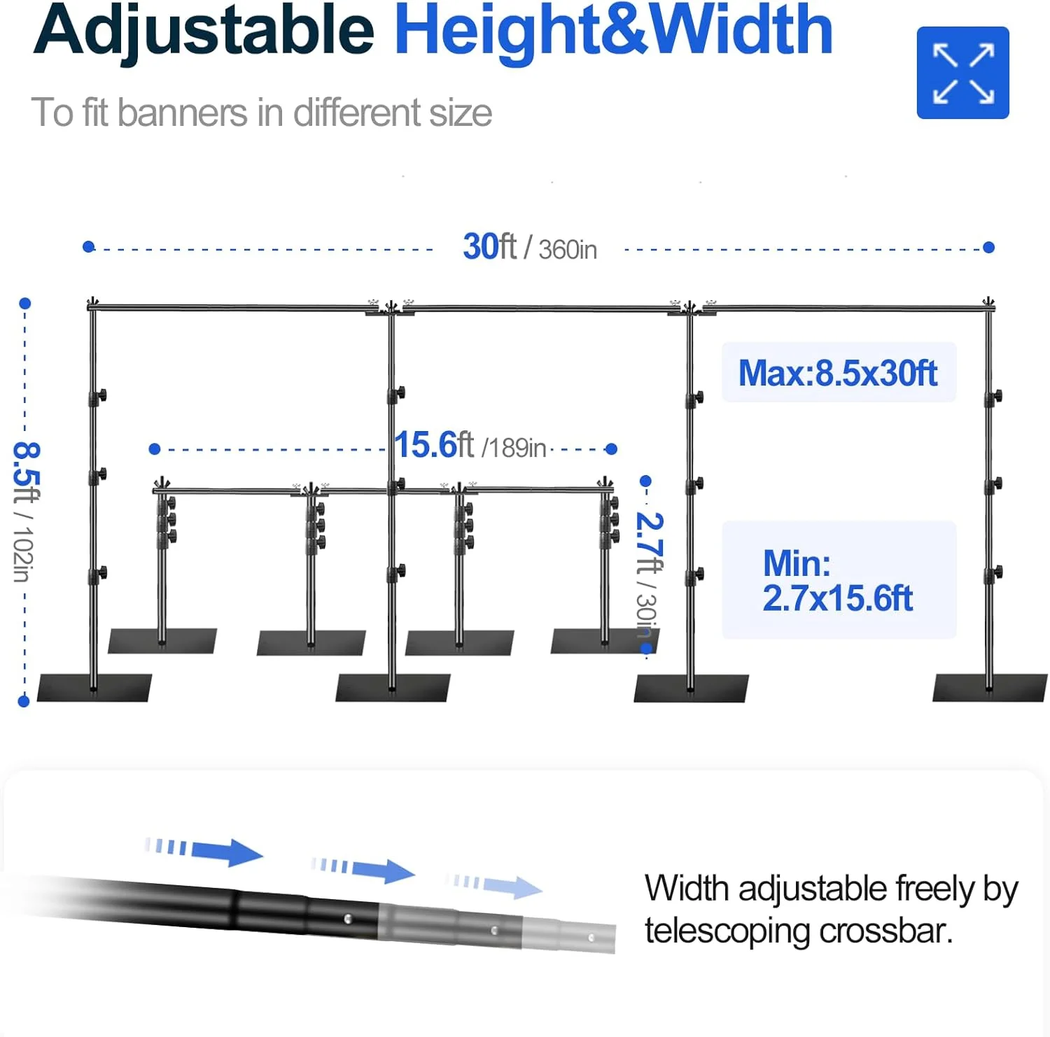 پایه پرده پس زمینه ایمارت 2.6x9 متر (ارتفاعxعرض) سیستم پشتیبانی پس زمینه قابل تنظیم سنگین با پایه فولادی برای عکاسی، پایه پرده پس زمینه عکس برای مهمانی ها، تولد، استودیوی ویدئویی - مشکی