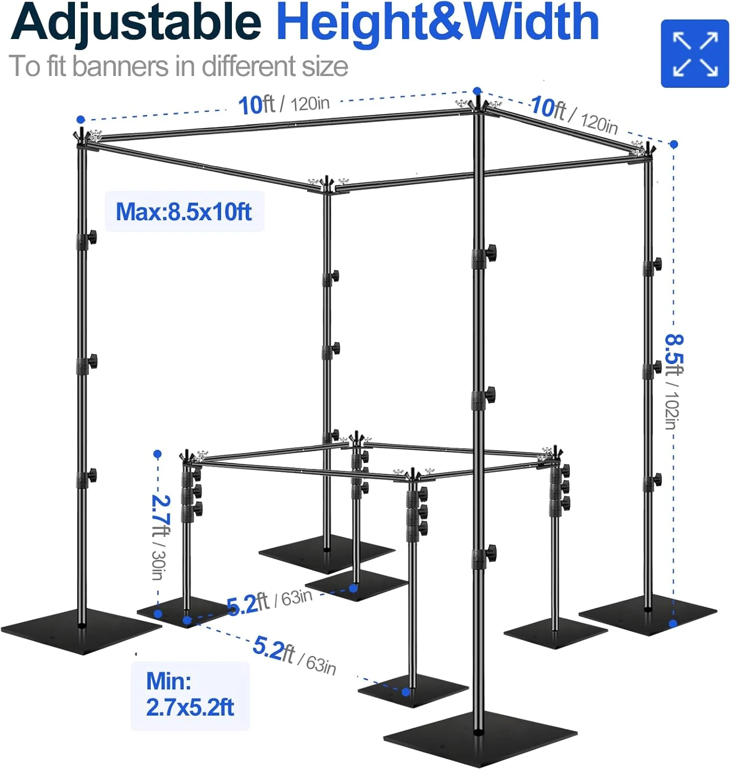 پایه پس زمینه مربعی ایمارت 2.6x3 متری برای عروسی، کیت قاب پس زمینه قابل تنظیم با لوله و پرده با پایه فولادی فلزی سنگین، نگهدارنده پس زمینه عکس برای مهمانی های تولد عکاسی - مشکی