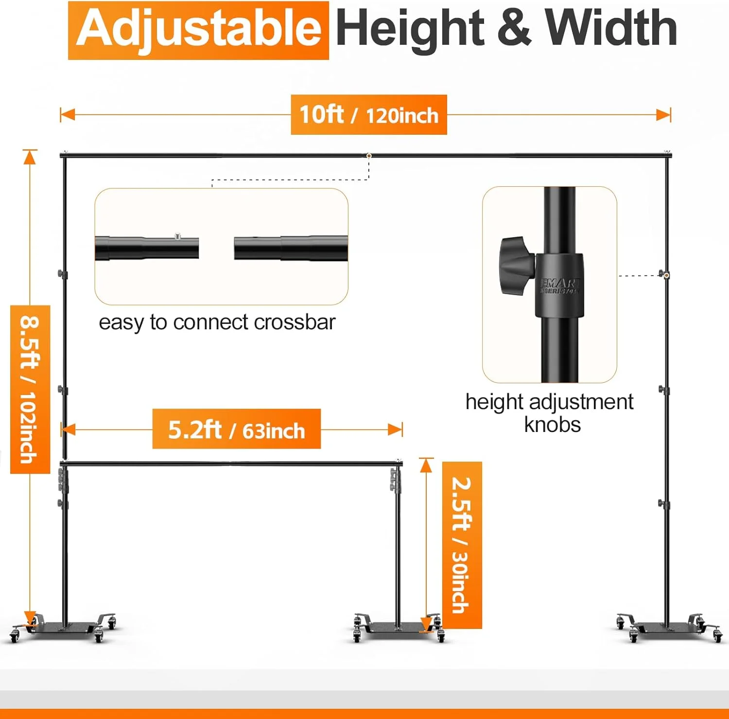 پایه پس زمینه ایمارت با چرخ، نگهدارنده پس زمینه عکس قابل تنظیم 2.6x3 متری با پایه فلزی سنگین، قاب لوله و پرده برای تزئینات عکاسی عروسی و مهمانی