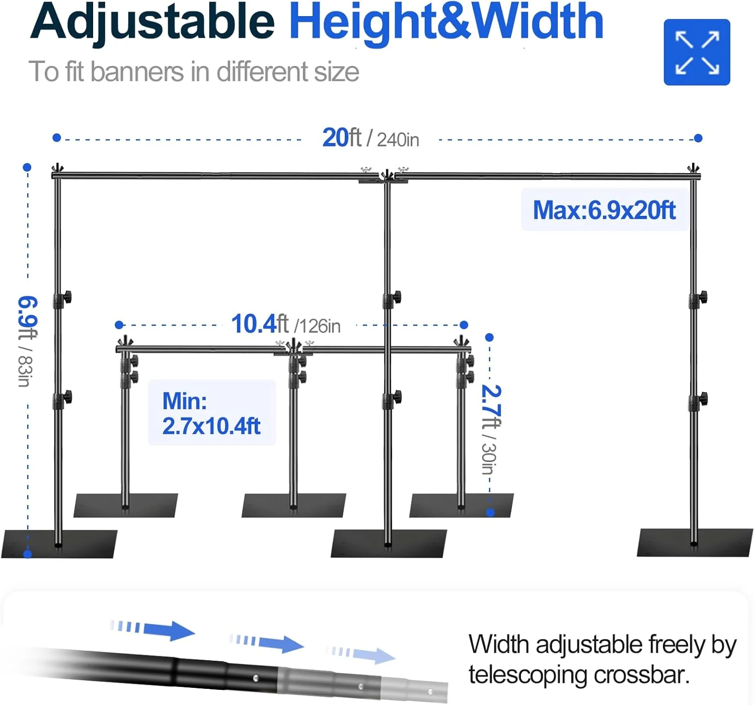 پایه پرده پس زمینه ایمارت 2.1x6 متر، سیستم پشتیبانی پس زمینه قابل تنظیم سنگین با پایه فولادی برای عکاسی، پایه پس زمینه عکس برای مهمانی ها، تولد، استودیو ویدیو - مشکی