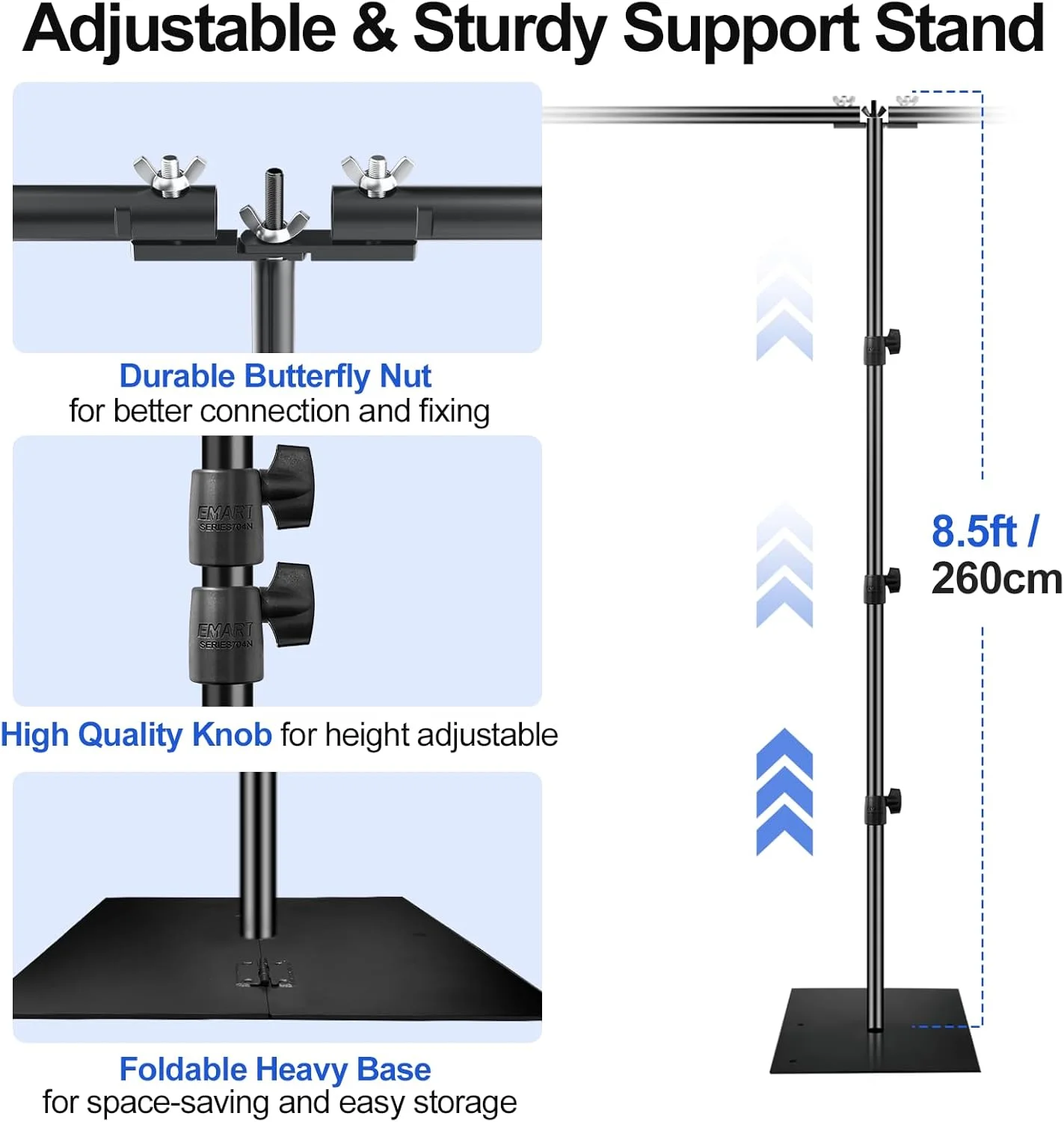 پایه پرده پس زمینه ایمارت 2.6x9 متر (ارتفاعxعرض) سیستم پشتیبانی پس زمینه قابل تنظیم سنگین با پایه فولادی برای عکاسی، پایه پرده پس زمینه عکس برای مهمانی ها، تولد، استودیوی ویدئویی - مشکی